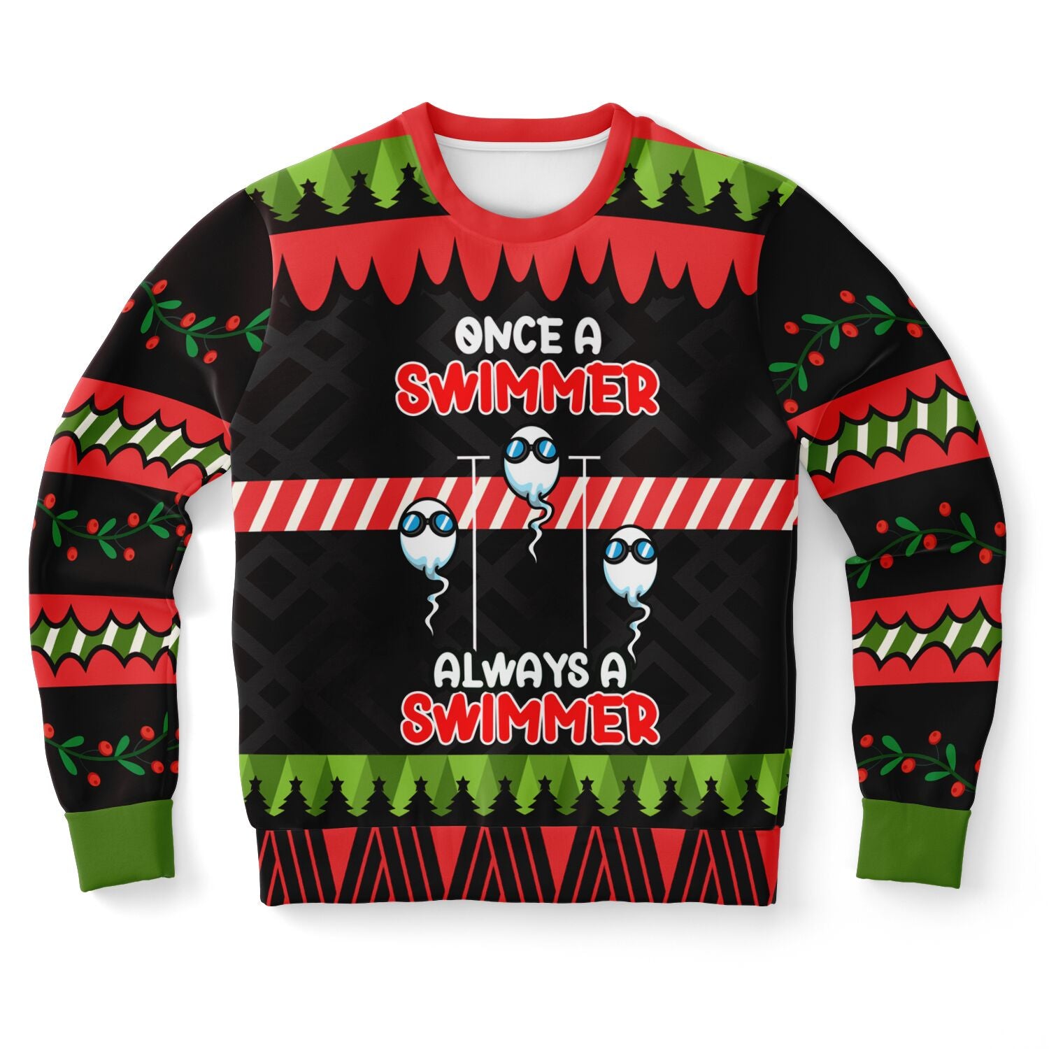 White and red Christmas sweater with “Oh Look Nobody Gives a Shit” slogan, cartoon blonde woman with binoculars — bold and funny anti-holiday energy from CollegeWares.