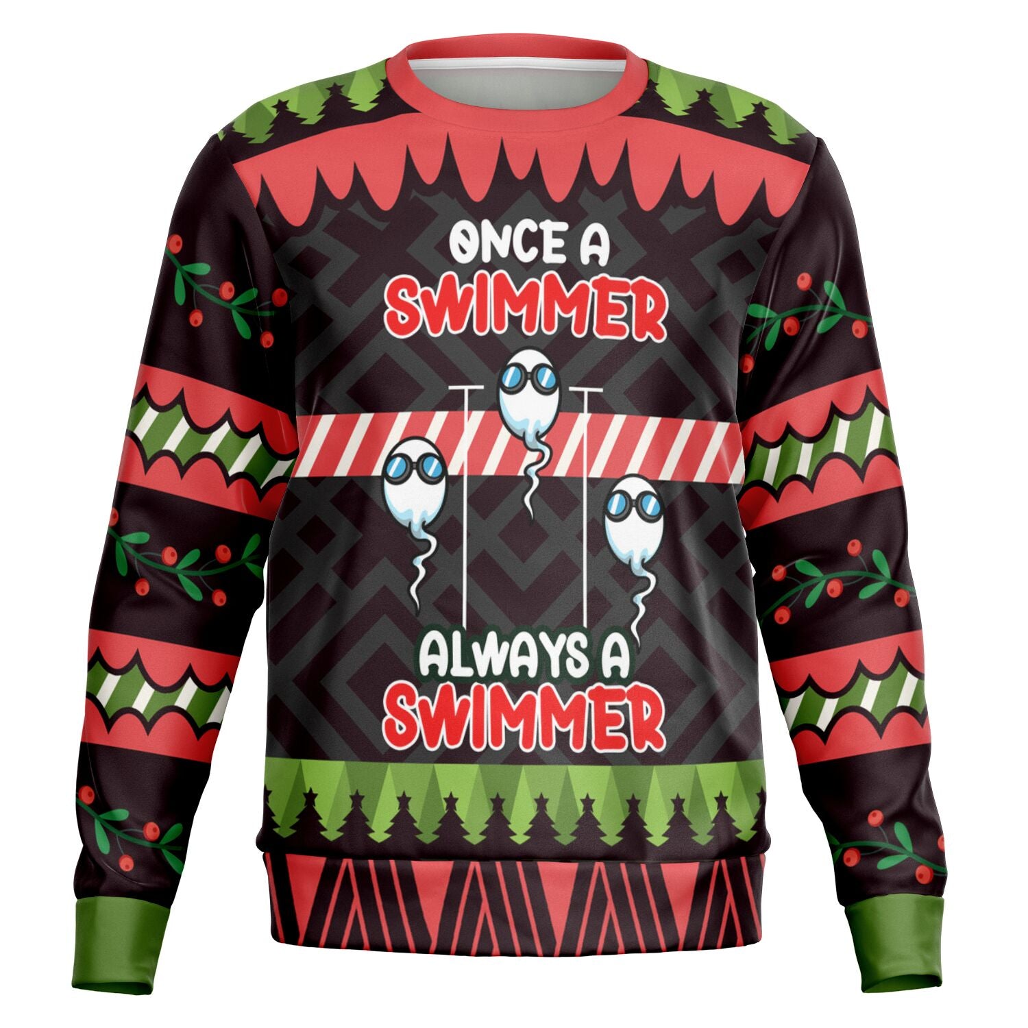 White and red Christmas sweater with “Oh Look Nobody Gives a Shit” slogan, cartoon blonde woman with binoculars — bold and funny anti-holiday energy from CollegeWares.