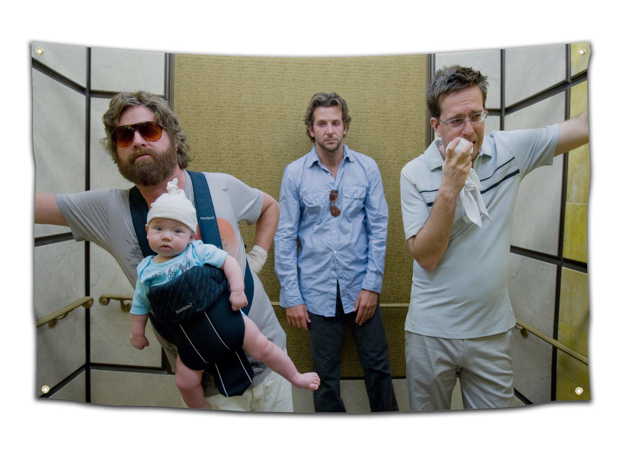 Flag showing the iconic elevator scene from The Hangover with three disheveled men and a baby in a front carrier — funny movie meme flag for dorm rooms and party-loving film fans by CollegeWares.
