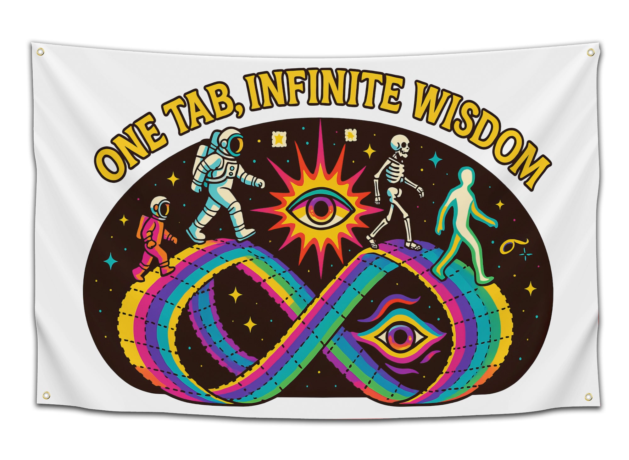 White psychedelic flag with colorful infinity loop, astronauts, skeleton, and cosmic eye design under text “One Tab, Infinite Wisdom” — trippy festival and dorm decor from CollegeWares.