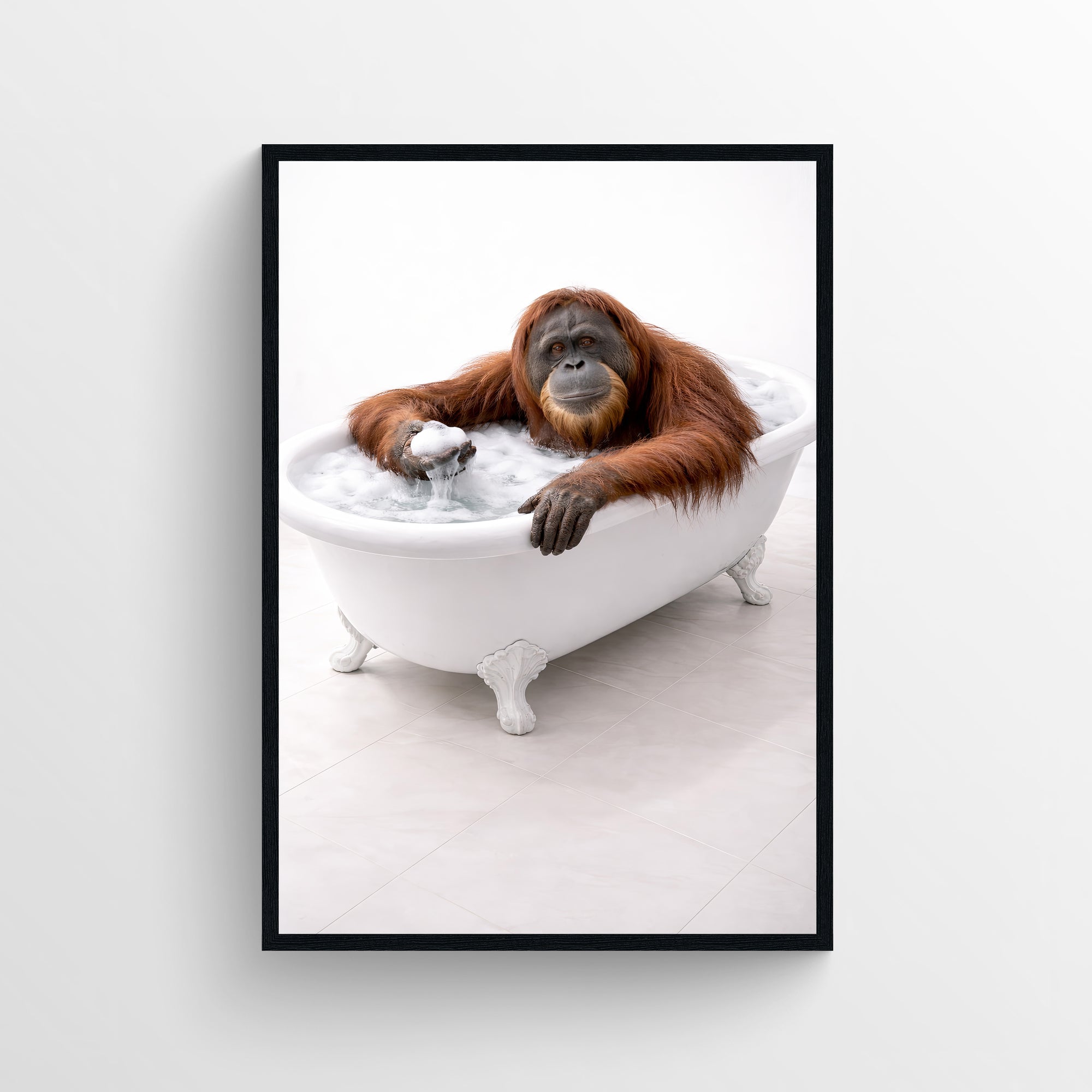 Photorealistic orangutan relaxing in a white clawfoot bathtub in a minimalist bathroom — funny bathroom poster, modern wall art, animal wall print for apartments and dorms by CollegeWares.