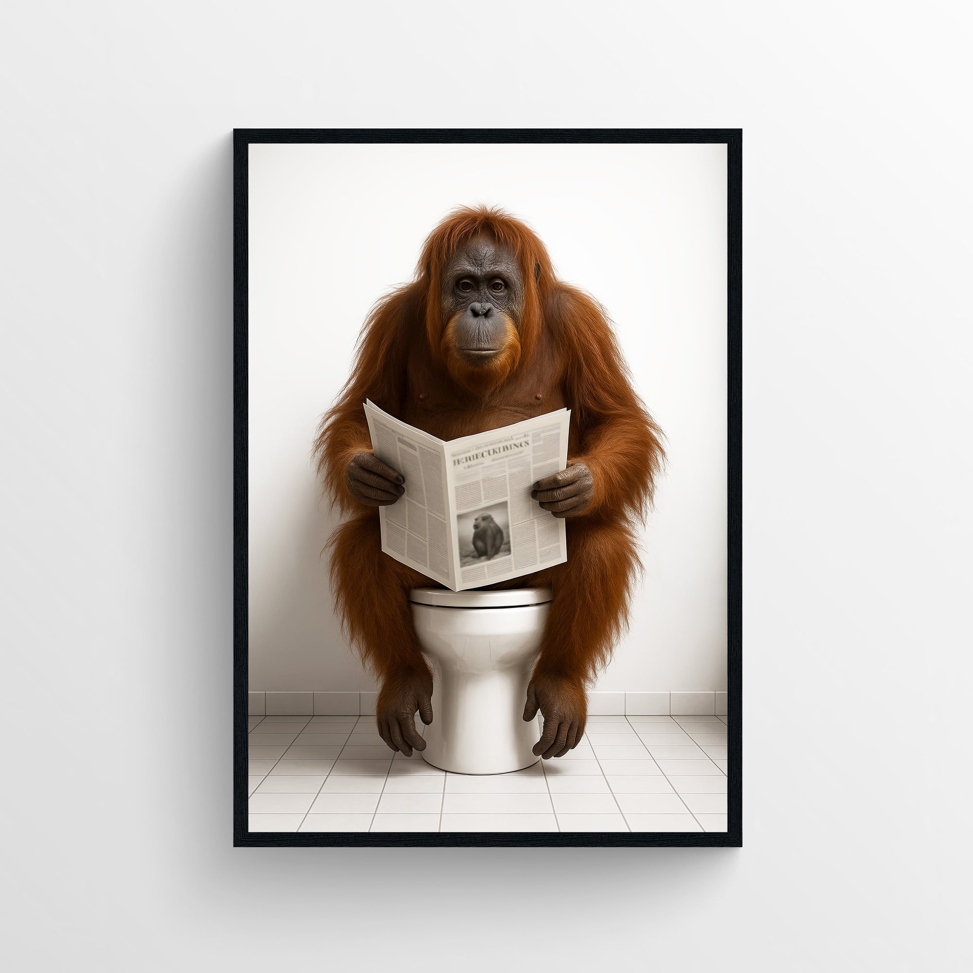 Photorealistic orangutan sitting on a toilet reading a newspaper in a clean minimalist bathroom — funny bathroom poster, modern wall art, animal wall print for apartments and dorms from CollegeWares.