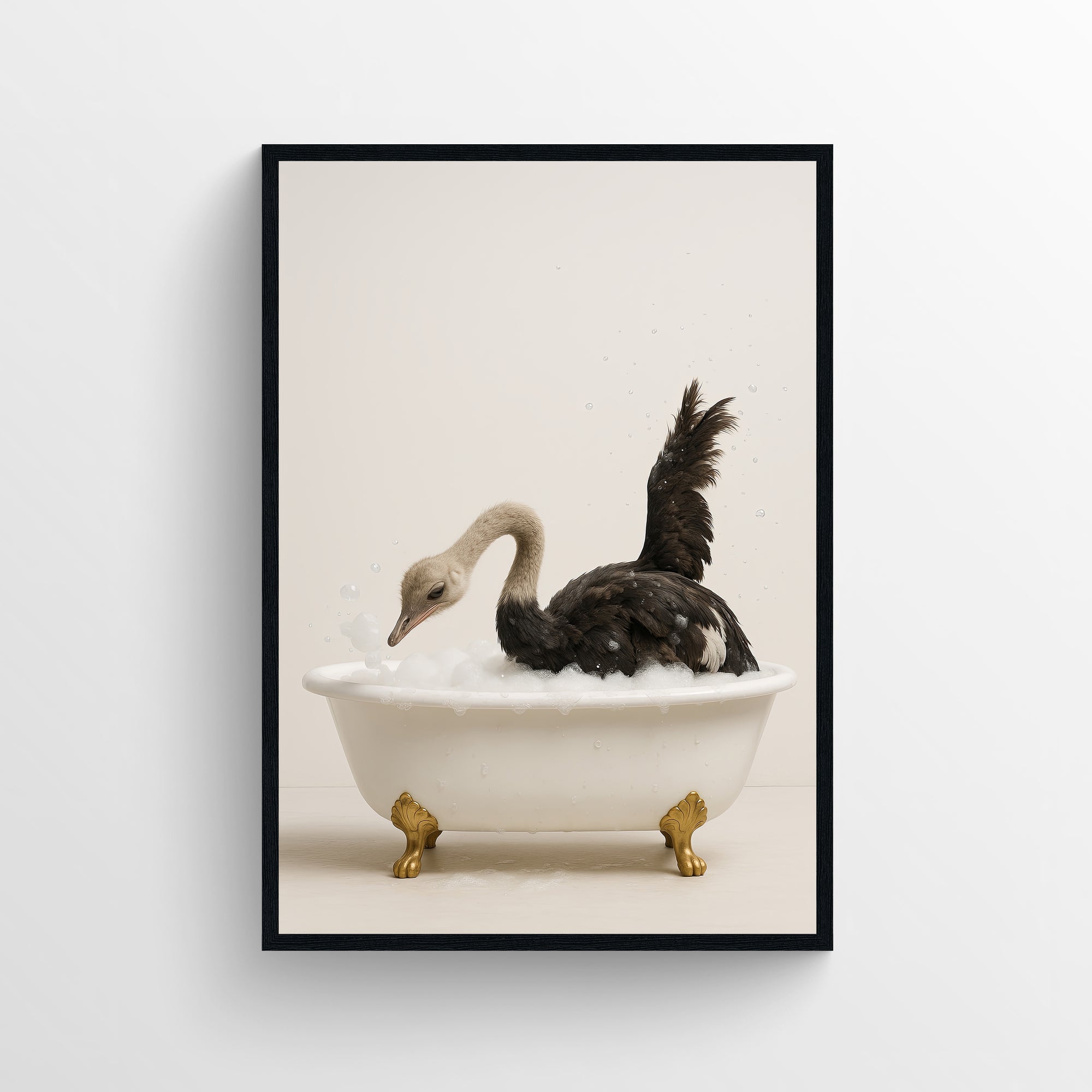Photorealistic ostrich bathing in a white clawfoot bathtub — funny bathroom poster with minimalist style, modern wall art and animal wall print for apartments and dorm bathrooms by CollegeWares.
Photorealistic ostrich bathing in a white clawfoot bathtub — funny bathroom poster with minimalist style, modern wall art and animal wall print for apartments and dorm bathrooms by CollegeWares.