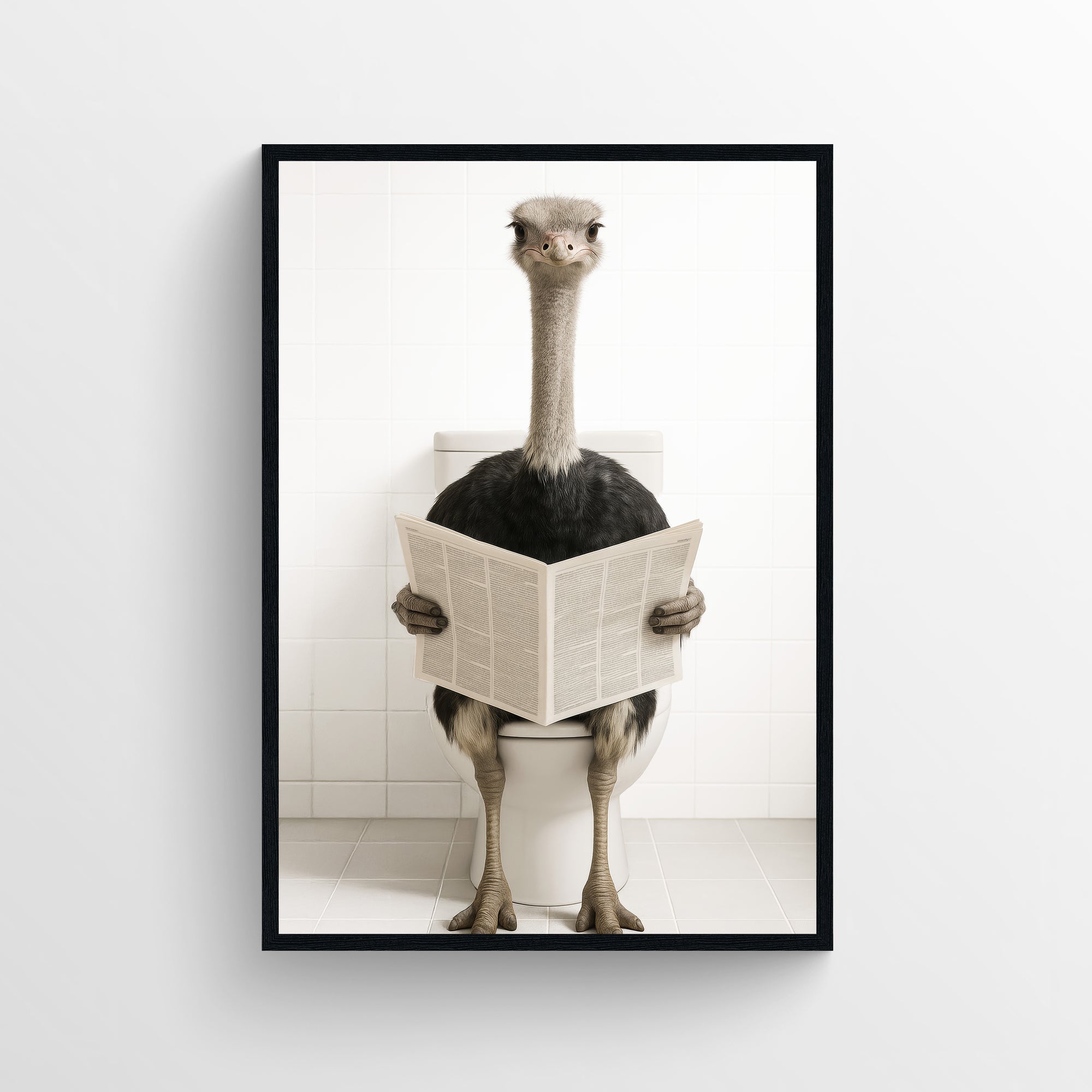 Photorealistic ostrich sitting on a toilet reading a newspaper — funny bathroom poster with clean minimalist style, modern wall art and animal wall print for apartments and dorm bathrooms by CollegeWares.