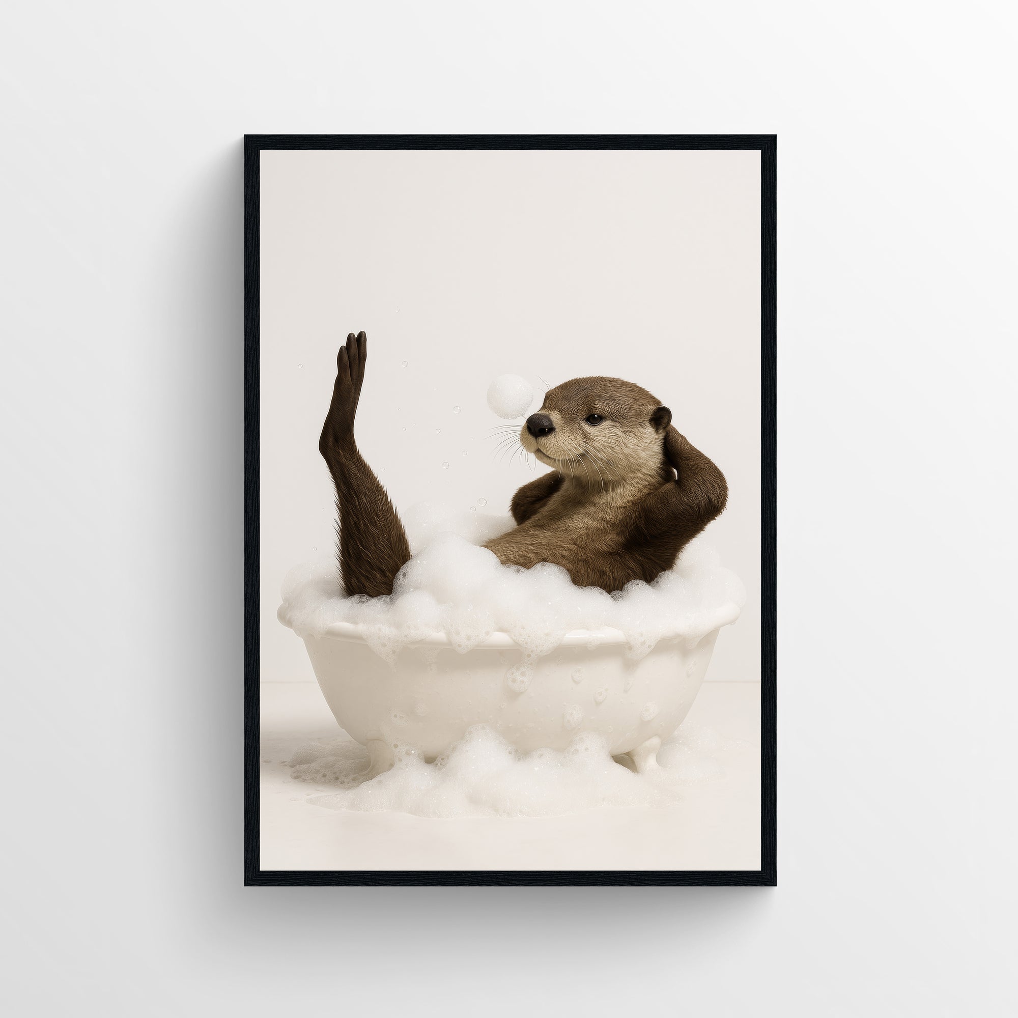 Photorealistic otter relaxing in a clawfoot bathtub — funny bathroom poster with clean minimalist style, modern wall art and animal wall print for apartments, dorms, and guest bathrooms by CollegeWares.