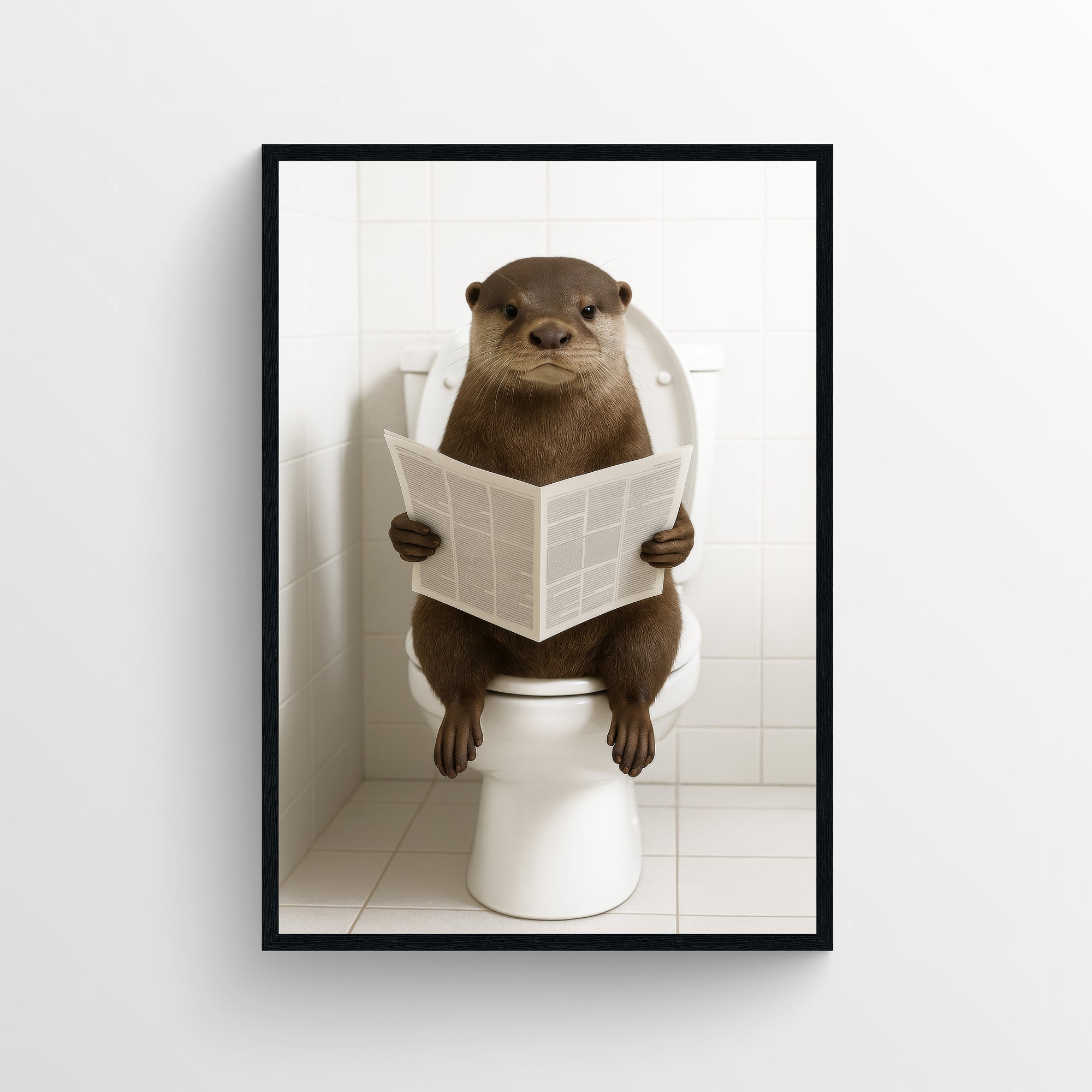Photorealistic otter sitting on a toilet reading a newspaper — funny bathroom poster with minimalist style, modern wall art and animal wall print for apartments, dorms, and guest bathrooms from CollegeWares.