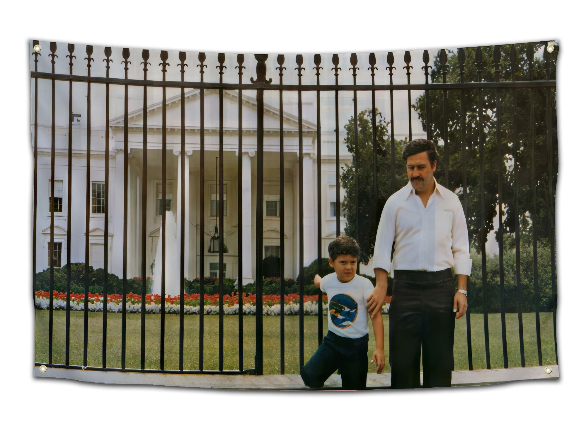 Funny parody flag showing Pablo Escobar and son standing outside the White House in front of a metal fence — moody, meme-inspired dorm and college wall decor from CollegeWares.