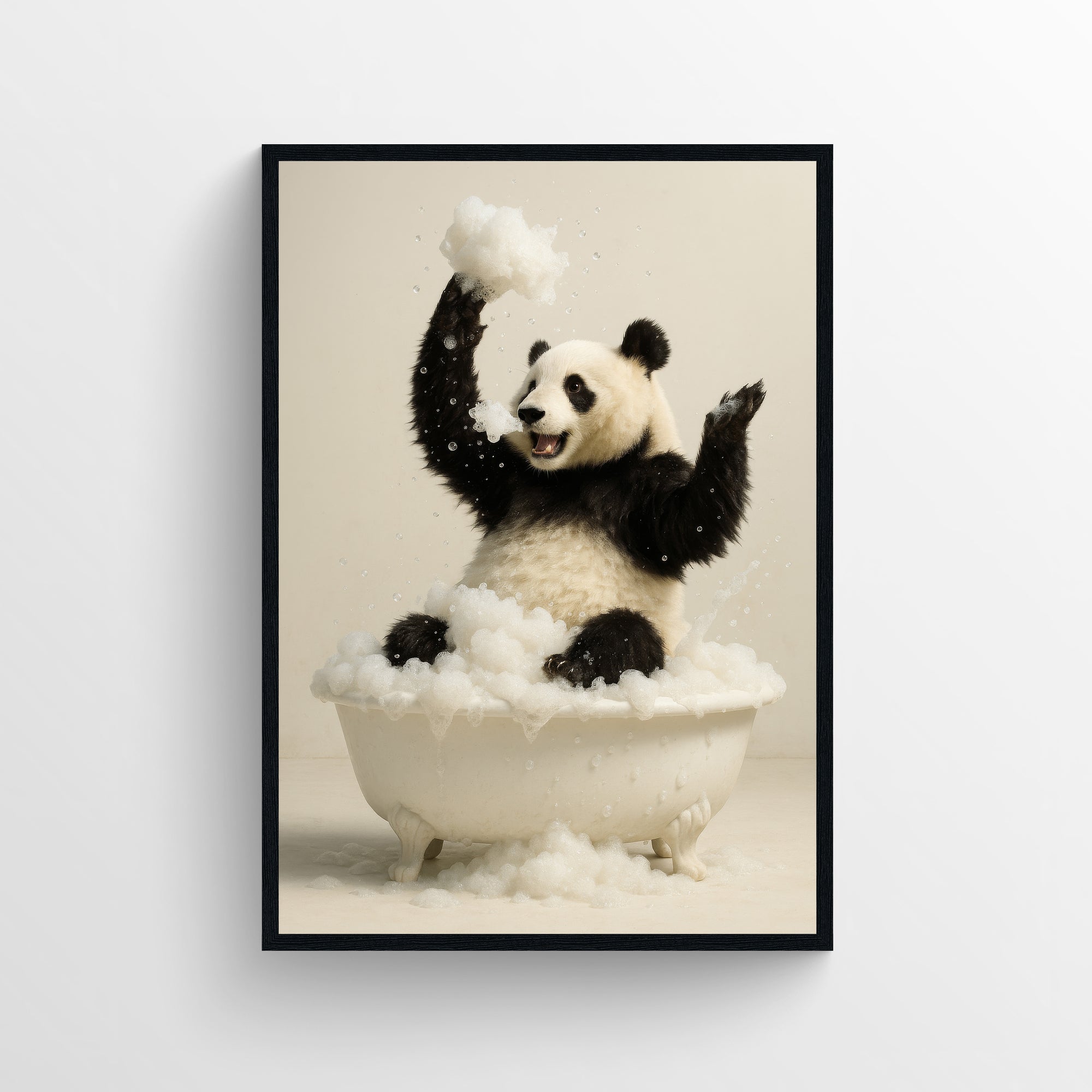 Photorealistic panda sitting in a clawfoot bathtub with splashing bubbles — funny bathroom poster with clean minimalist style, modern wall art and animal wall print for apartments, dorms, and guest bathrooms by CollegeWares.