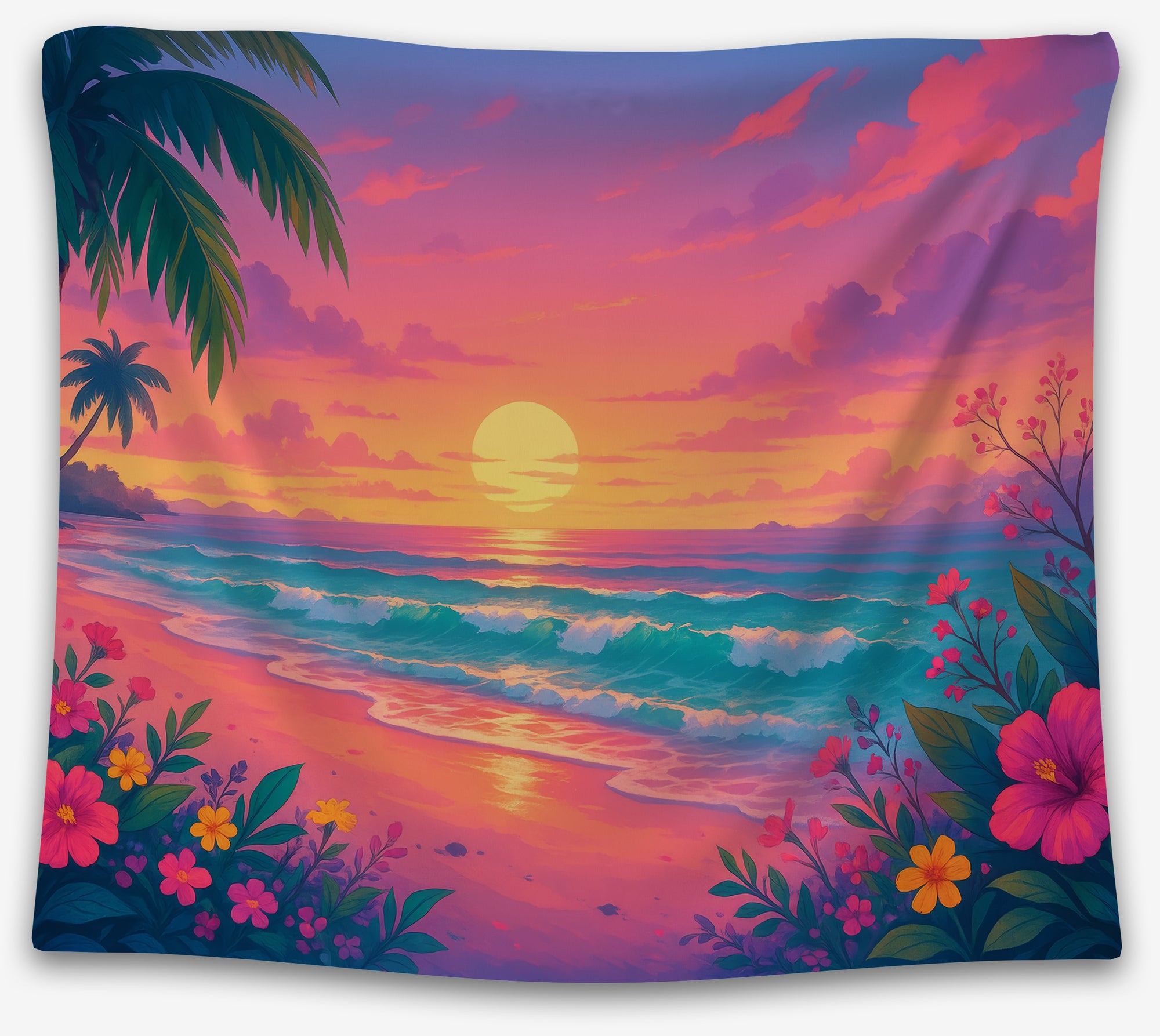 Tropical sunset tapestry with pink sky, teal ocean, and colorful flowers, perfect beach dorm tapestry or summer wall hanging by CollegeWares.