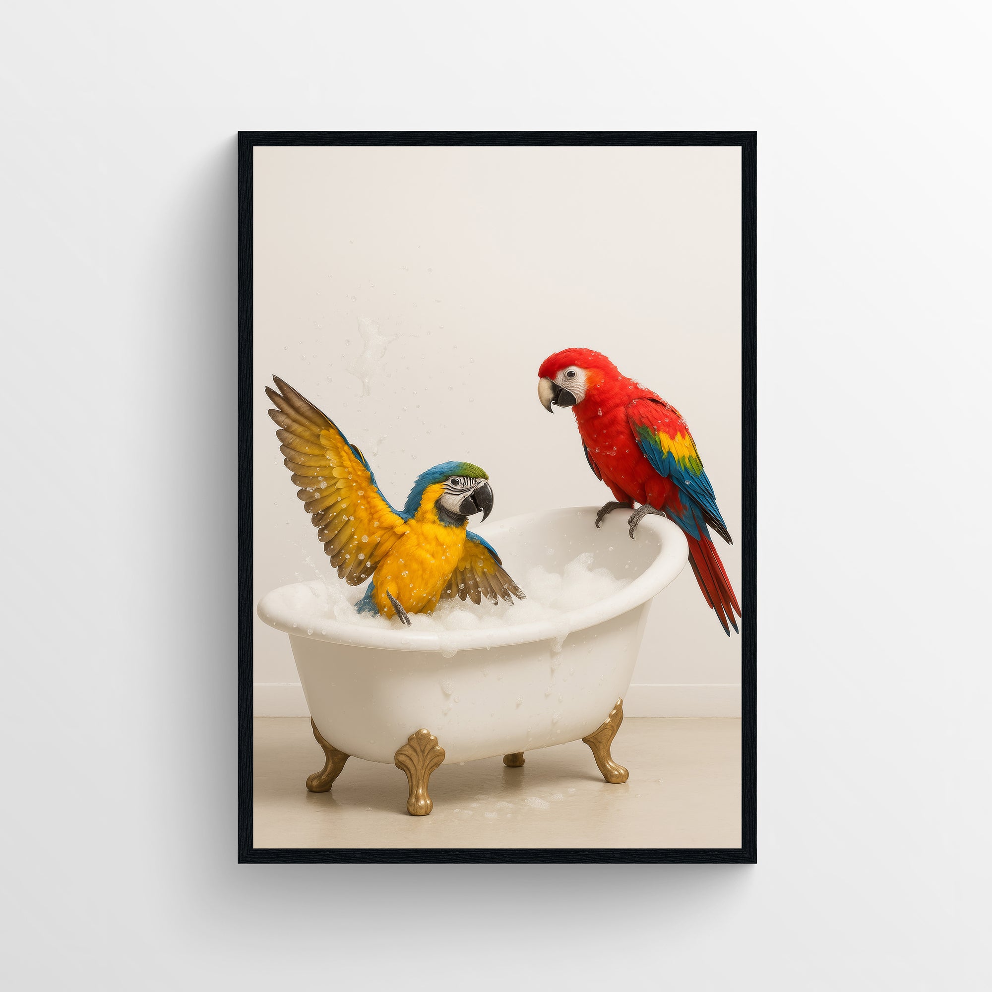 Photorealistic parrots in a clawfoot bathtub — funny bathroom poster with clean minimalist style, modern wall art and animal wall print for bathrooms, apartments, and dorms by CollegeWares.