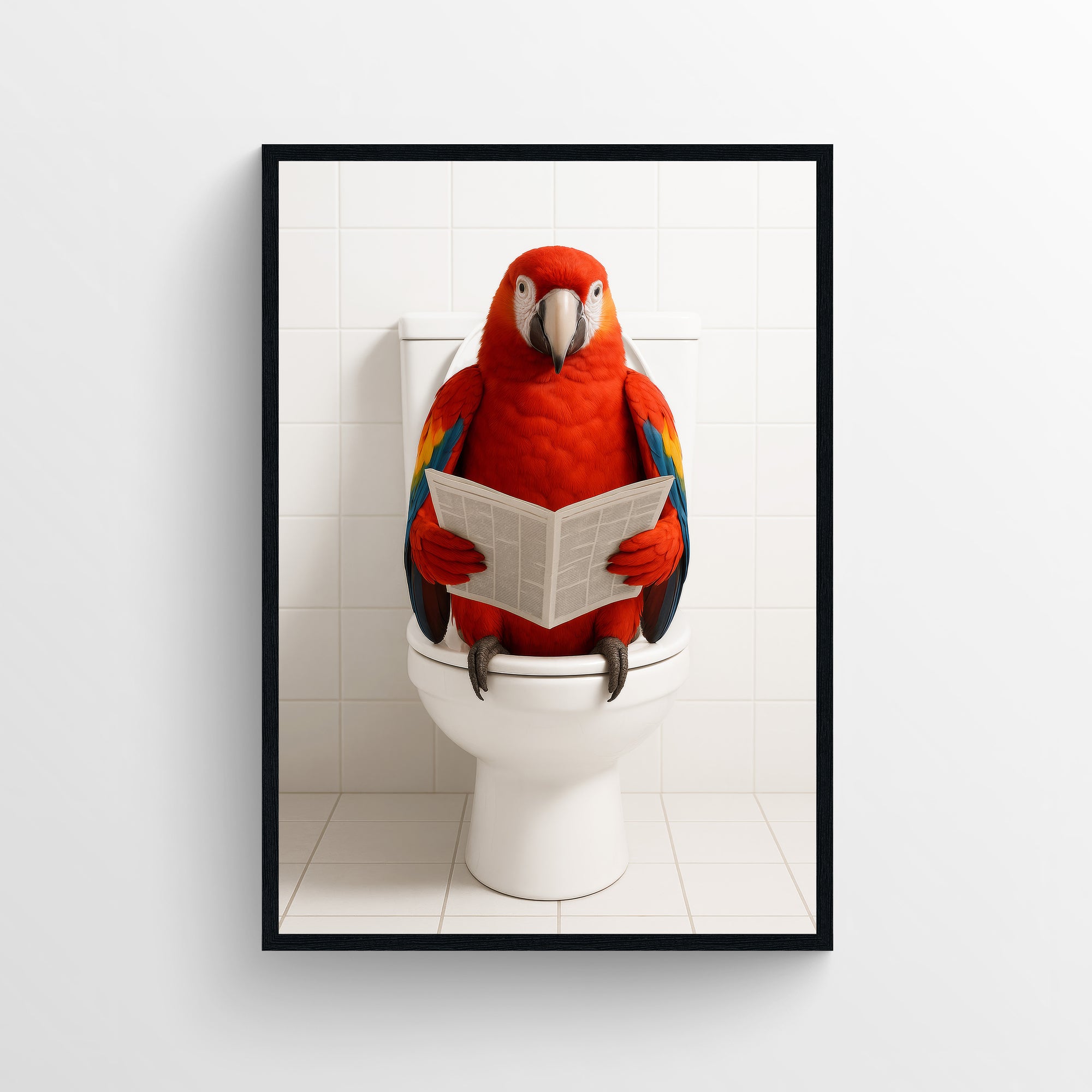 Photorealistic parrot sitting on a toilet reading a newspaper — funny bathroom poster with minimalist bathroom decor, modern wall art and animal wall print for apartments and dorms by CollegeWares.