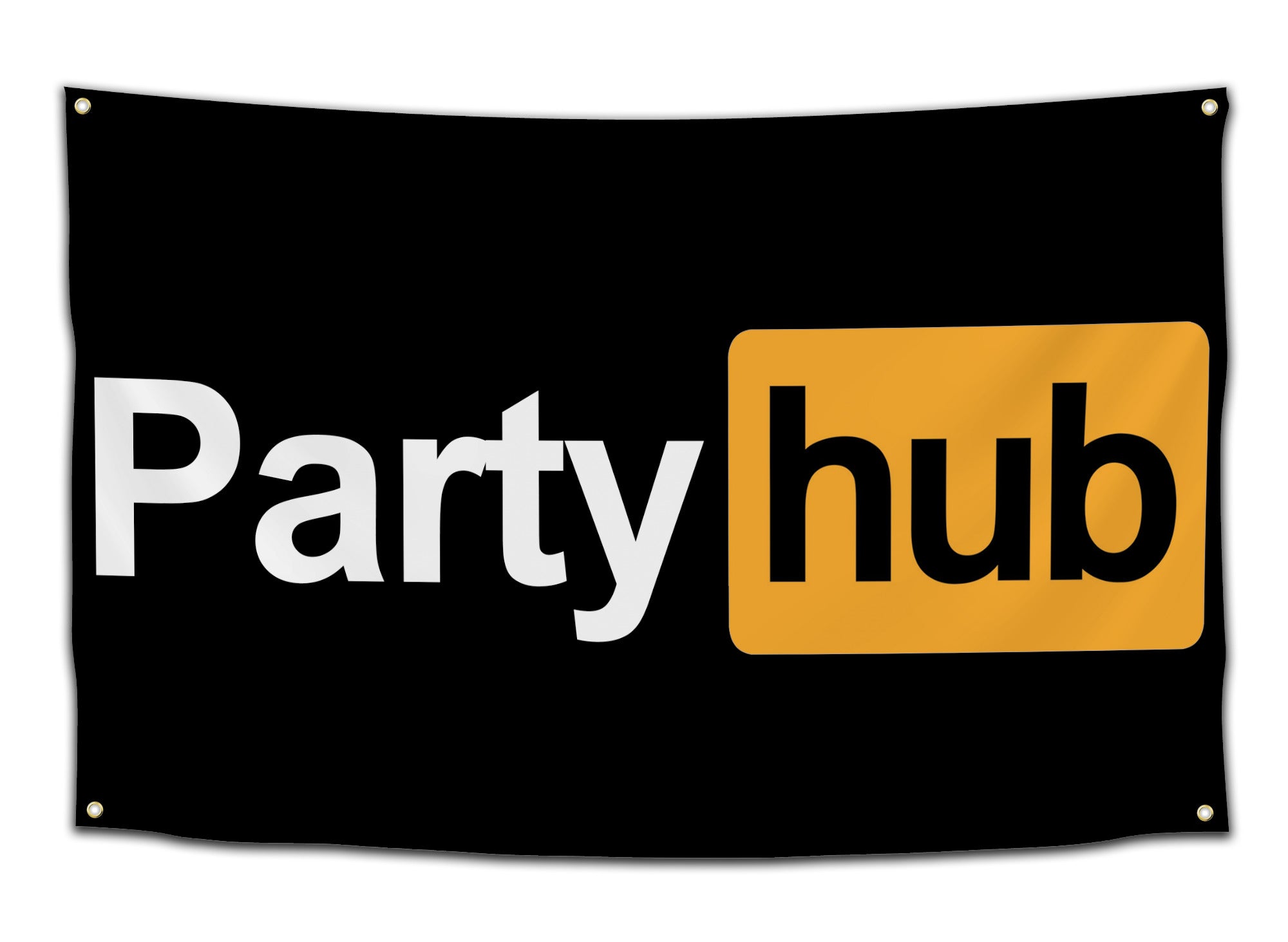 Flag spoofing the Pornhub logo with the word “Partyhub” on a black background — funny party flag from CollegeWares.
