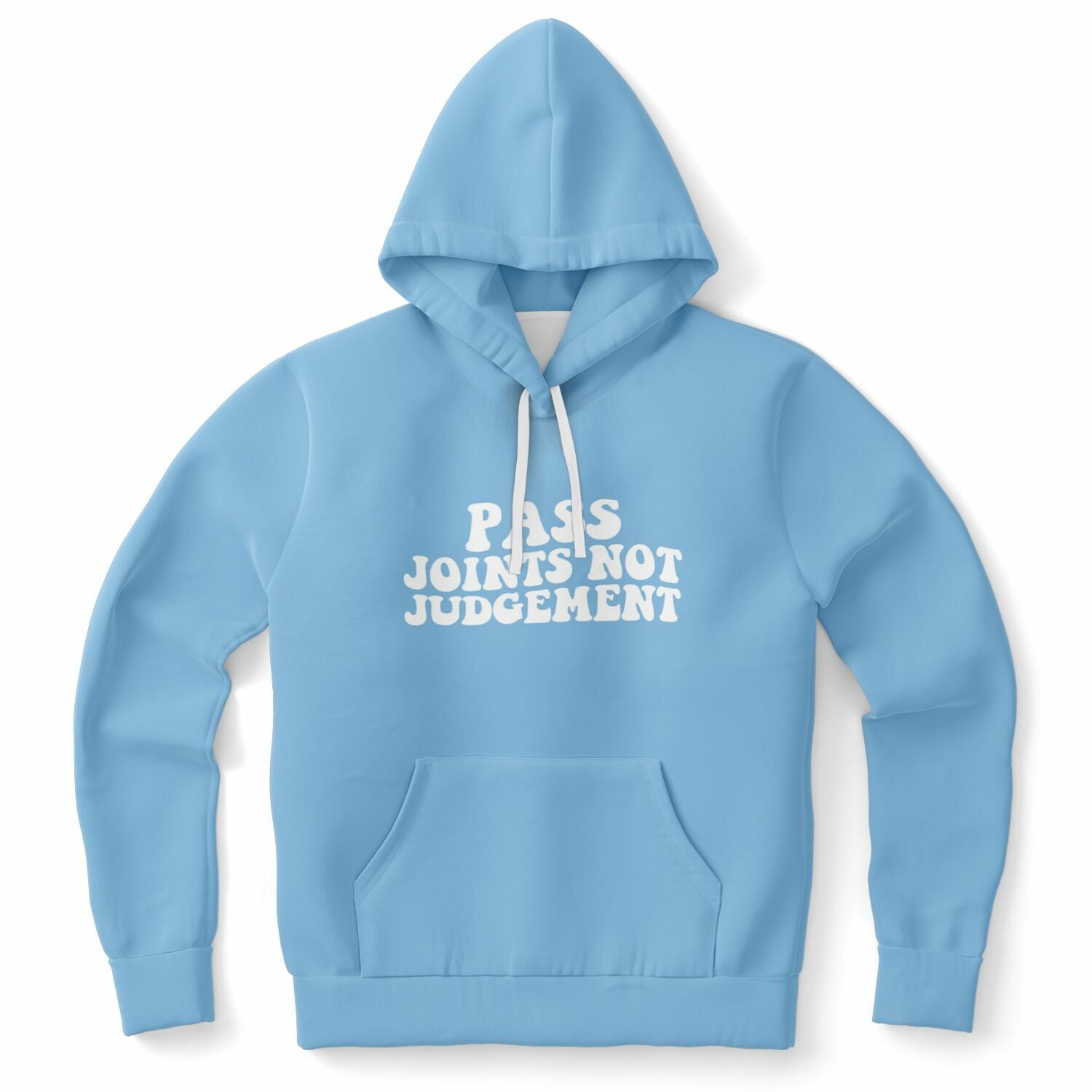 Blue hoodie with chunky white font that reads “PASS JOINTS NOT JUDGEMENT” — mellow mood and hazy humor from CollegeWares.