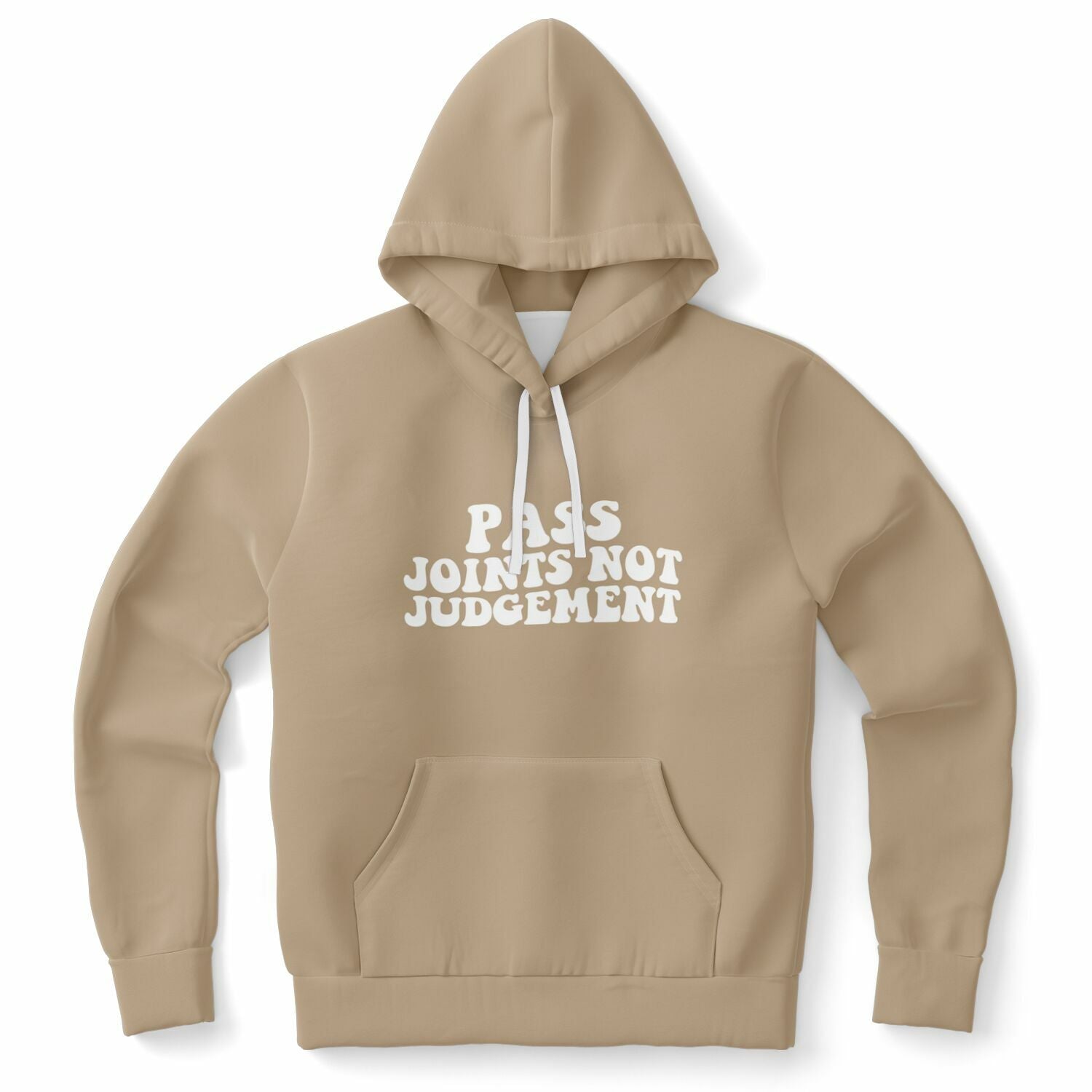 Brown hoodie with white text reading “PASS JOINTS NOT JUDGEMENT” — laid-back stoner peace energy from CollegeWares.