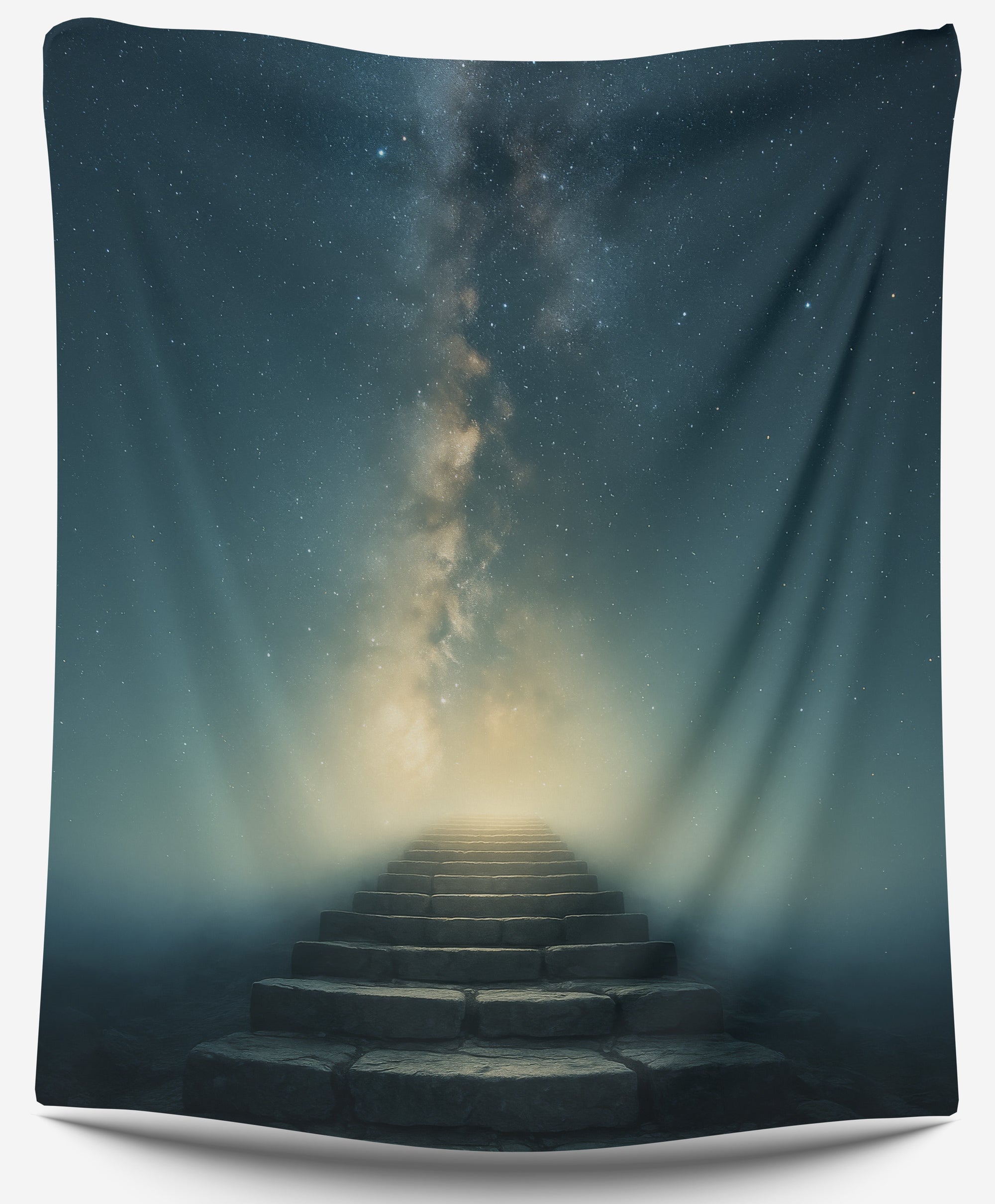 Stone staircase leading into glowing Milky Way night sky, mystical galaxy dorm tapestry for cosmic college wall decor by CollegeWares.