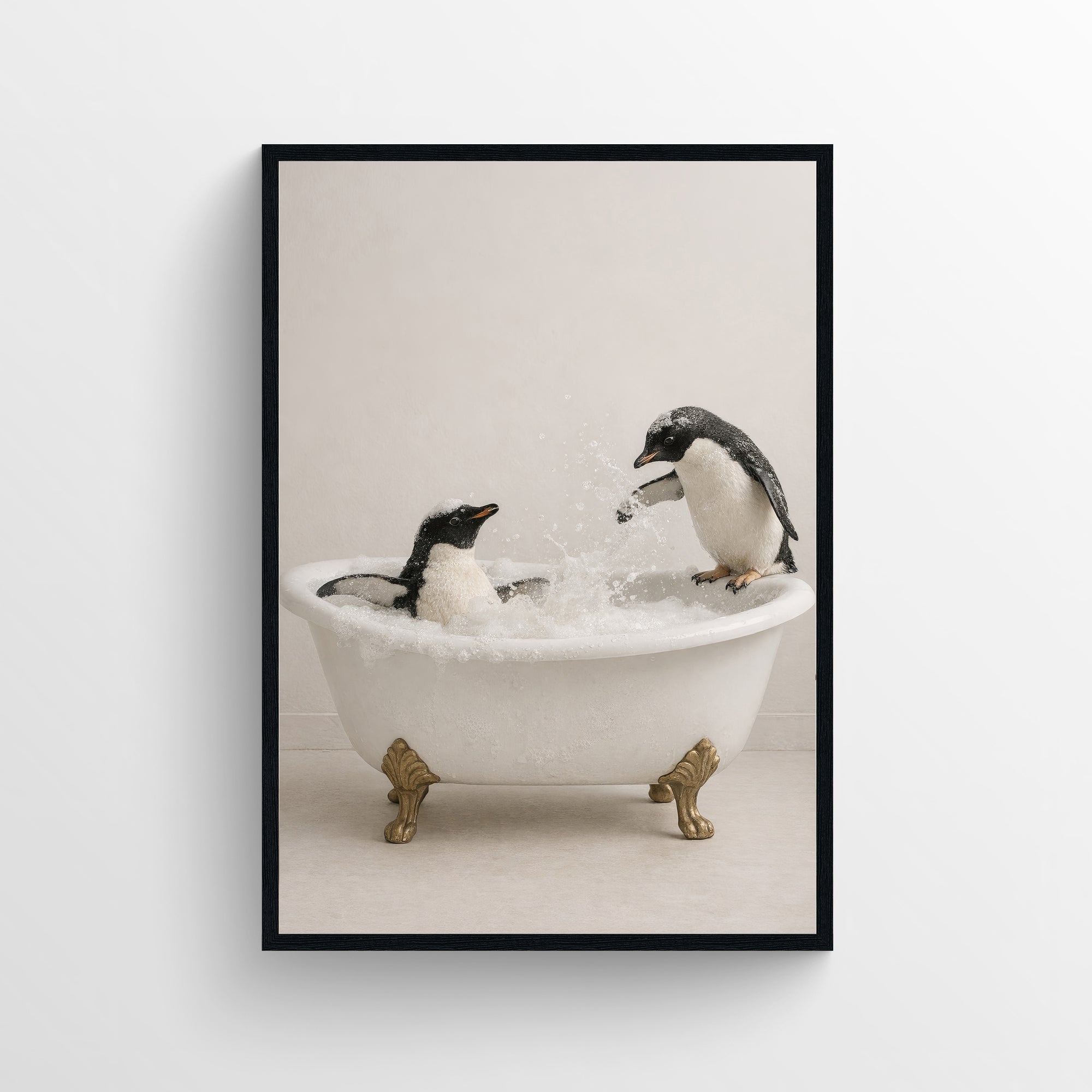 Photorealistic penguins splashing in a clawfoot bathtub — funny bathroom wall art with playful animal decor, modern neutral tones, and whimsical bath poster style by CollegeWares.