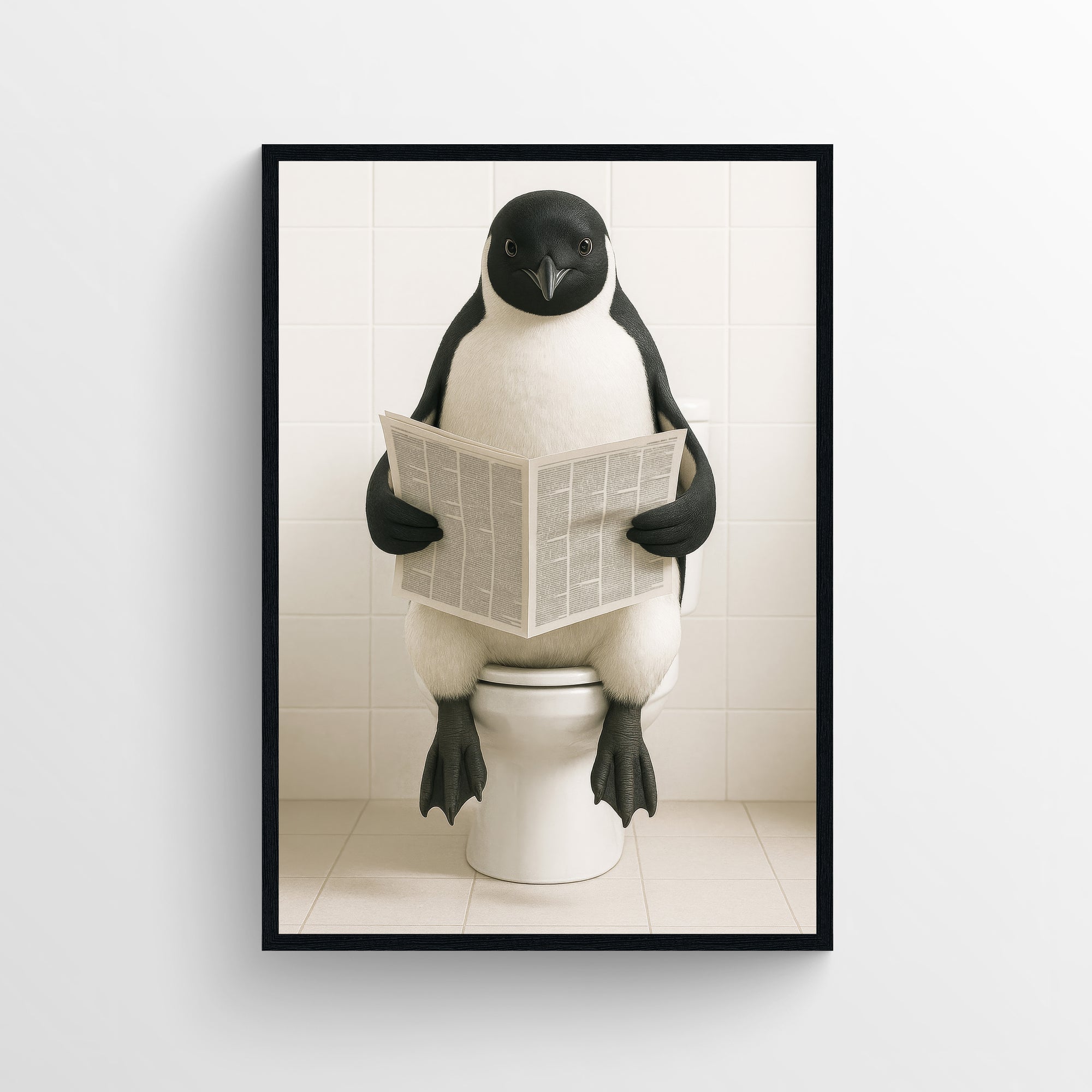 Photorealistic penguin sitting on a toilet reading a newspaper, funny bathroom wall art with minimalist white tile background, animal toilet poster decor by CollegeWares.