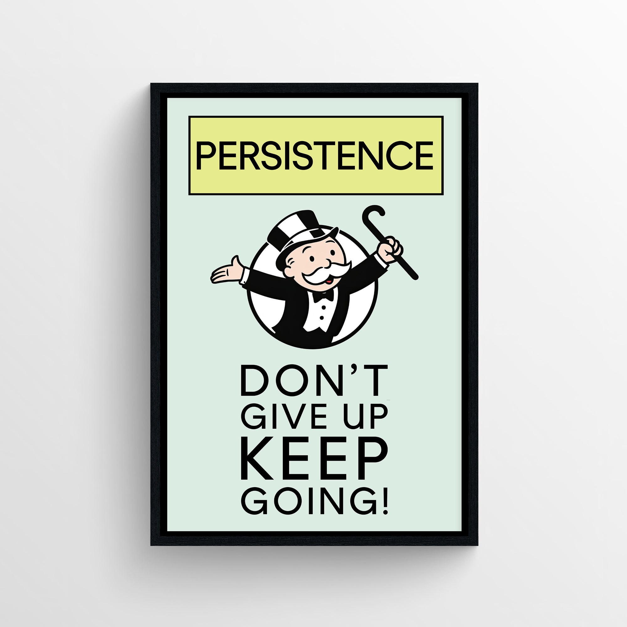 Motivational poster with pastel colors, bold typography, and a cartoon businessman holding a cane above the text “Don’t Give Up — Keep Going,” designed as aesthetic wall decor for dorms, offices, and study spaces by CollegeWares.