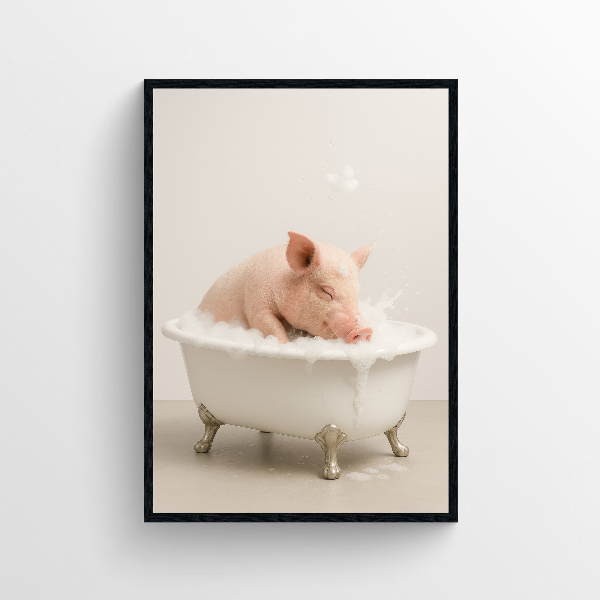 Photorealistic pig relaxing in a clawfoot bathtub with bubbles — funny bathroom poster and minimalist animal wall print for modern bathrooms, apartments, and dorm decor by CollegeWares.