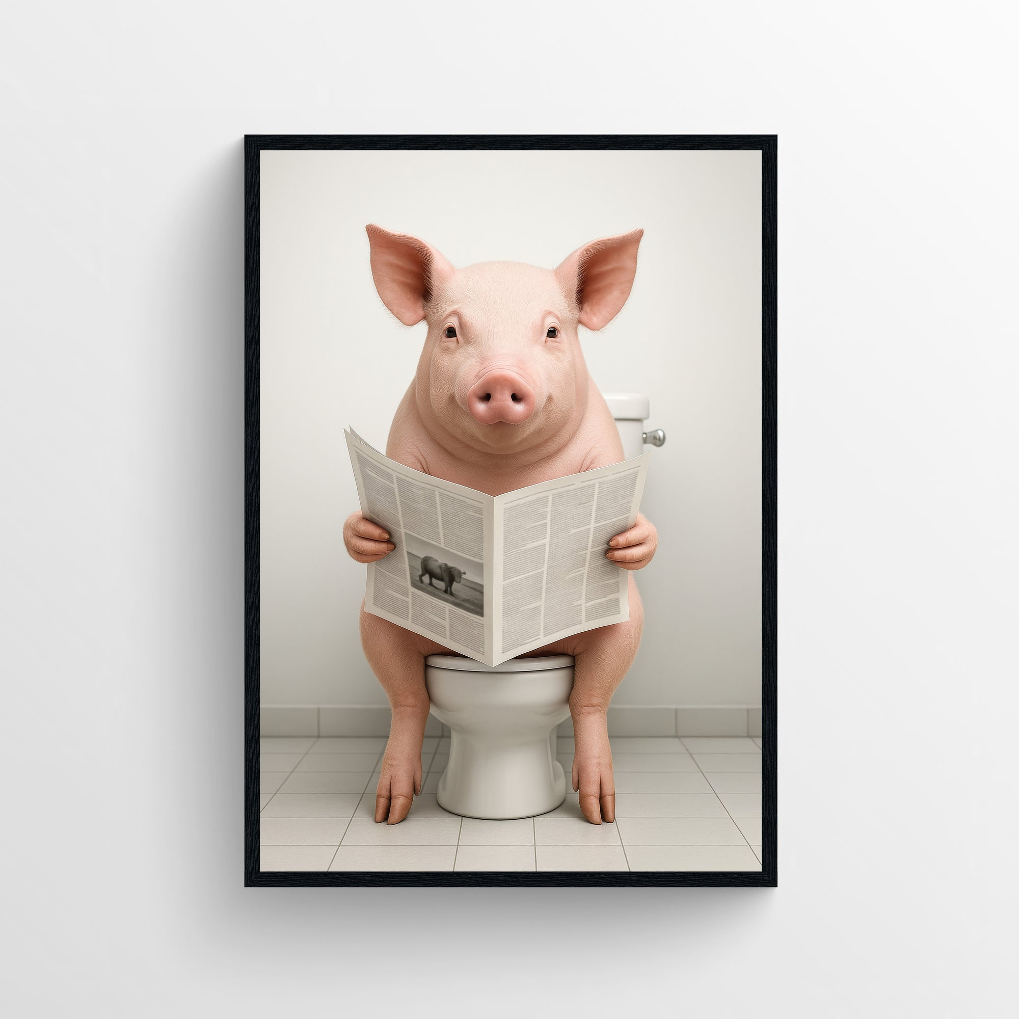 Photorealistic pig sitting on a toilet reading a newspaper in a minimalist bathroom — funny bathroom poster and modern animal wall print for apartments and dorm decor by CollegeWares.