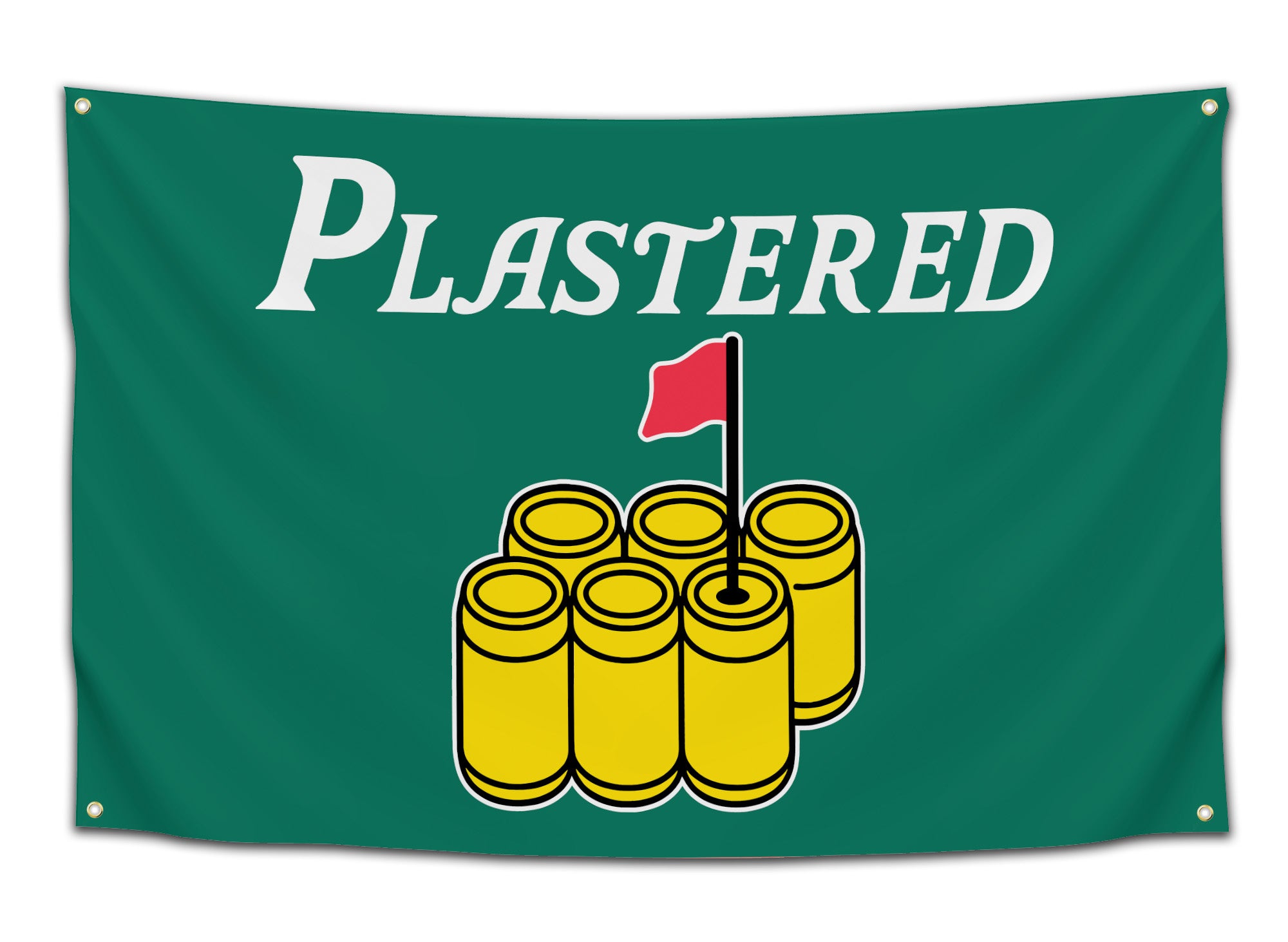 Funny Masters golf logo parody flag reading “Plastered” above stacked yellow beer cans with a red flag on a green background — perfect funny dorm or party banner from CollegeWares.