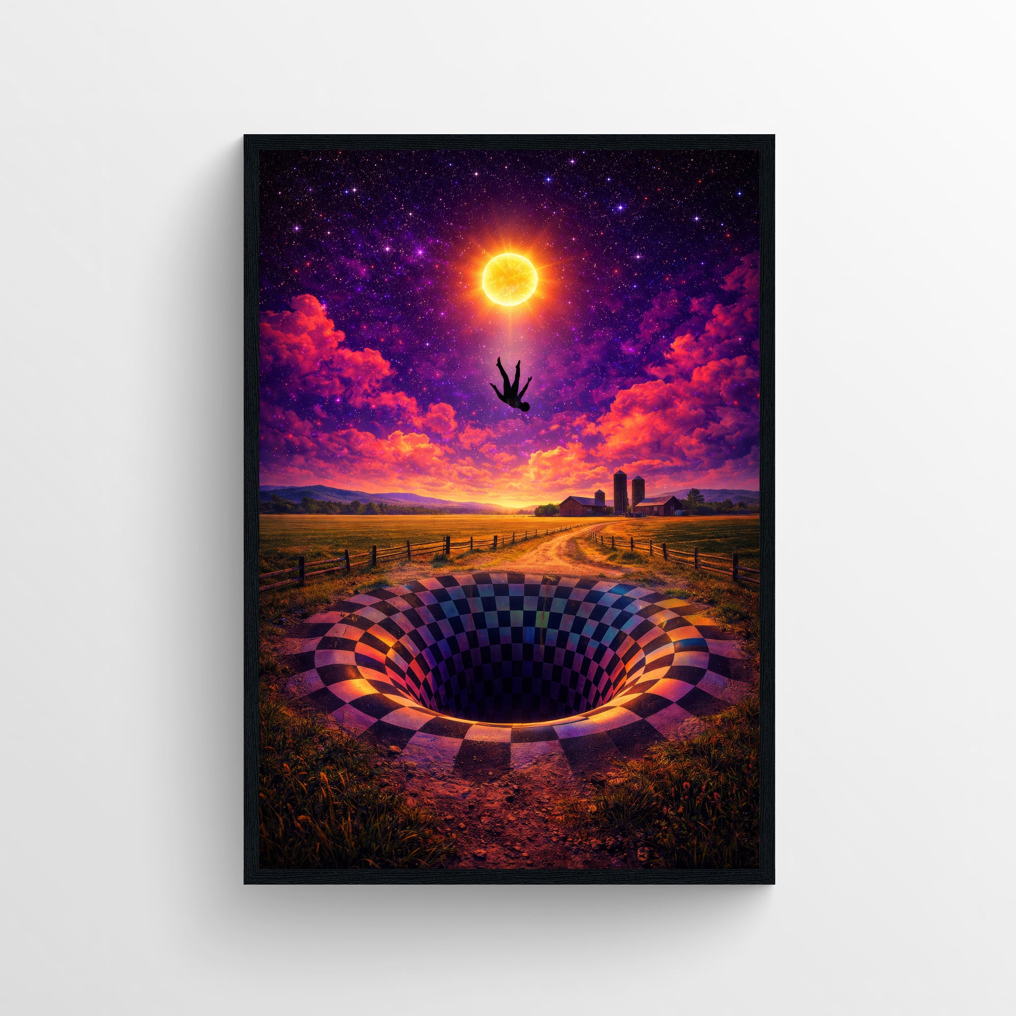 Trippy wall poster featuring a surreal gravity well in a rural landscape with a falling figure, glowing sun, and bold purple and orange sky — modern aesthetic room decor and surreal art print for college rooms and apartments by CollegeWares.