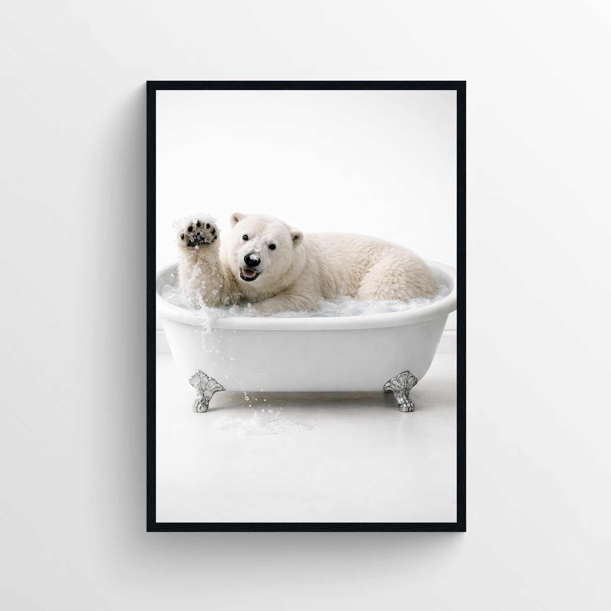 Photorealistic polar bear lounging in a white clawfoot bathtub — funny bathroom poster and minimalist animal wall print for modern bathrooms, apartments, and dorm decor by CollegeWares.