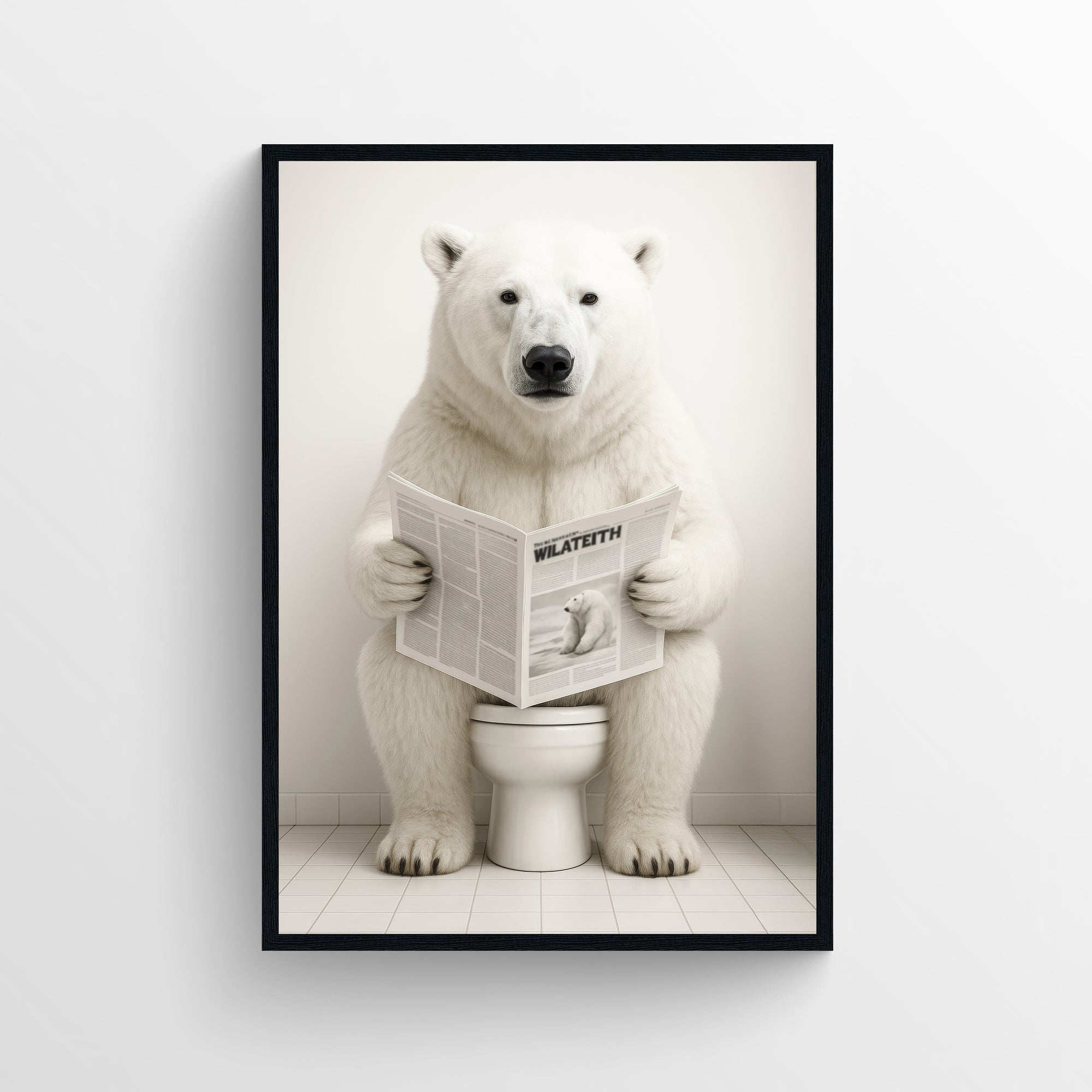 Photorealistic polar bear sitting on a toilet reading a newspaper — funny bathroom poster and minimalist animal wall print for modern bathrooms, apartments, and dorm decor from CollegeWares.
