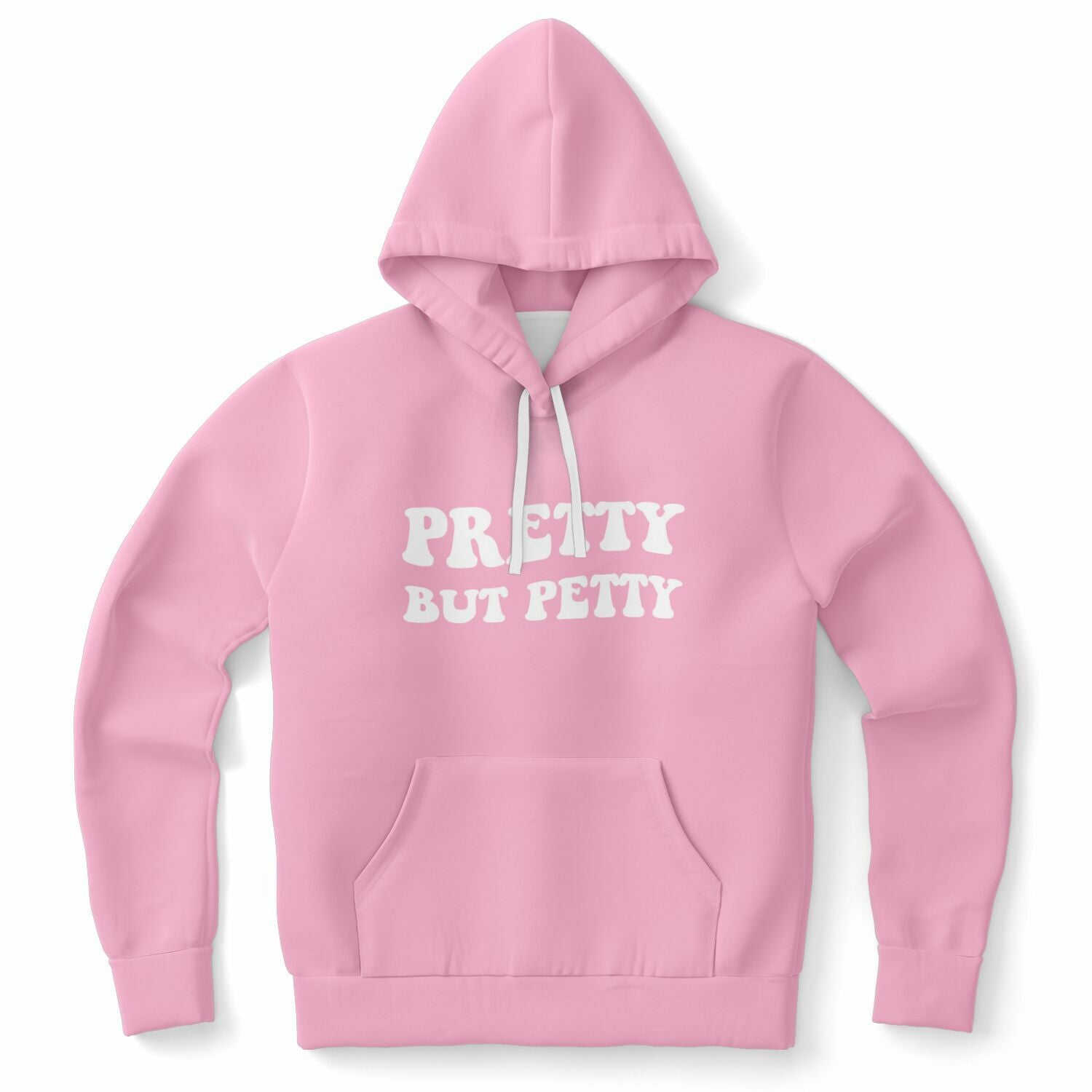 Brown hoodie with thick white retro bubble letters reading “PRETTY BUT PETTY” centered on the chest — confident, low-effort savage energy for pretty girls who talk with their eyebrows, from CollegeWares.