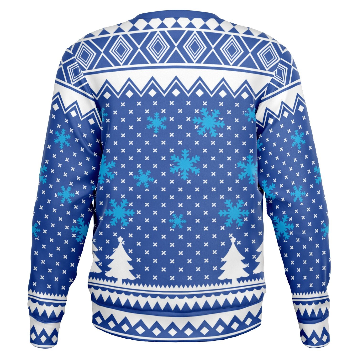 ack view of blue sweater with white trees and snowflake pattern — quirky cactus-themed Christmas look from CollegeWares.
