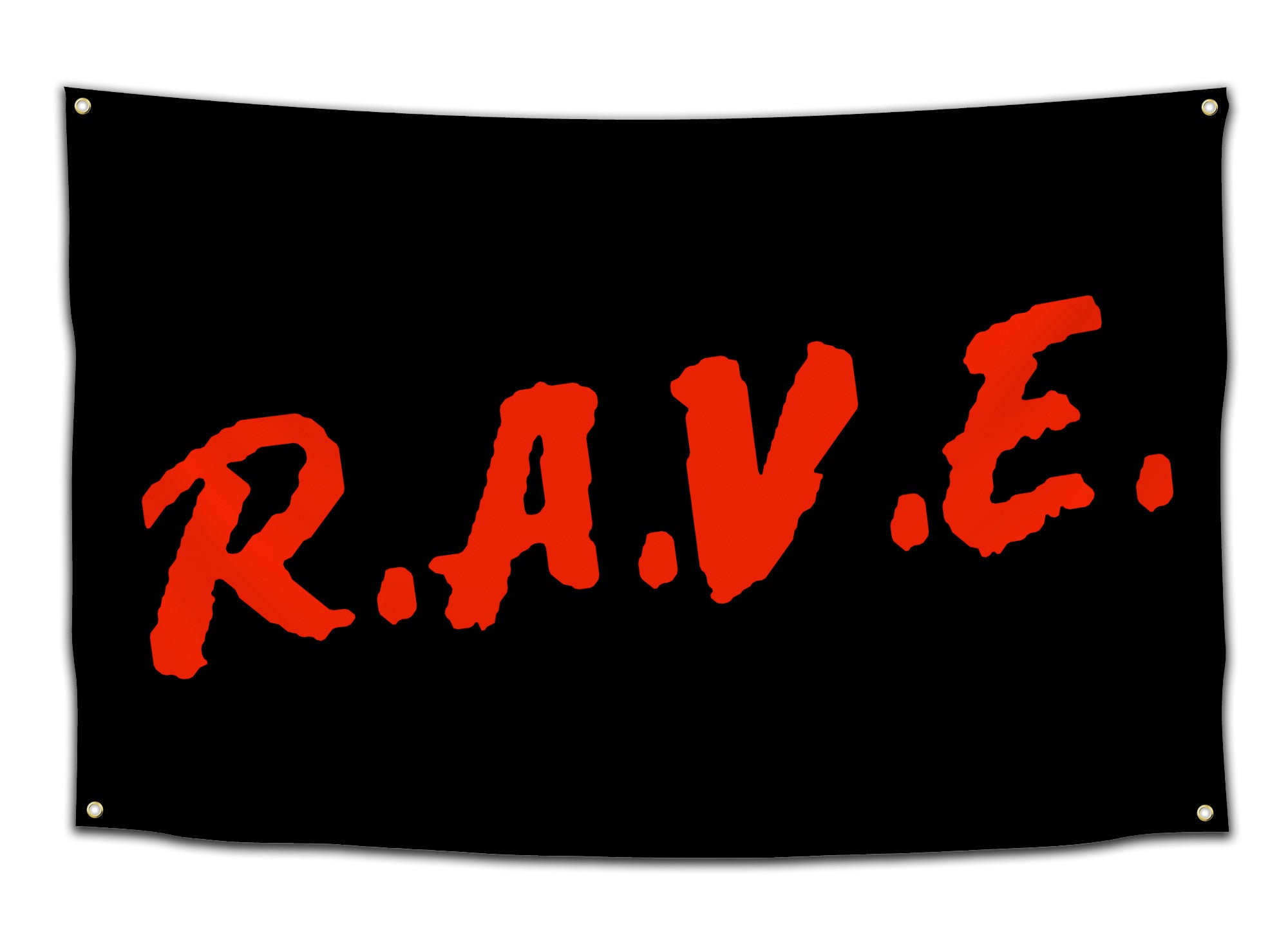 Flag featuring bold red text “R.A.V.E.” on a black background — minimalist rave party flag from CollegeWares.