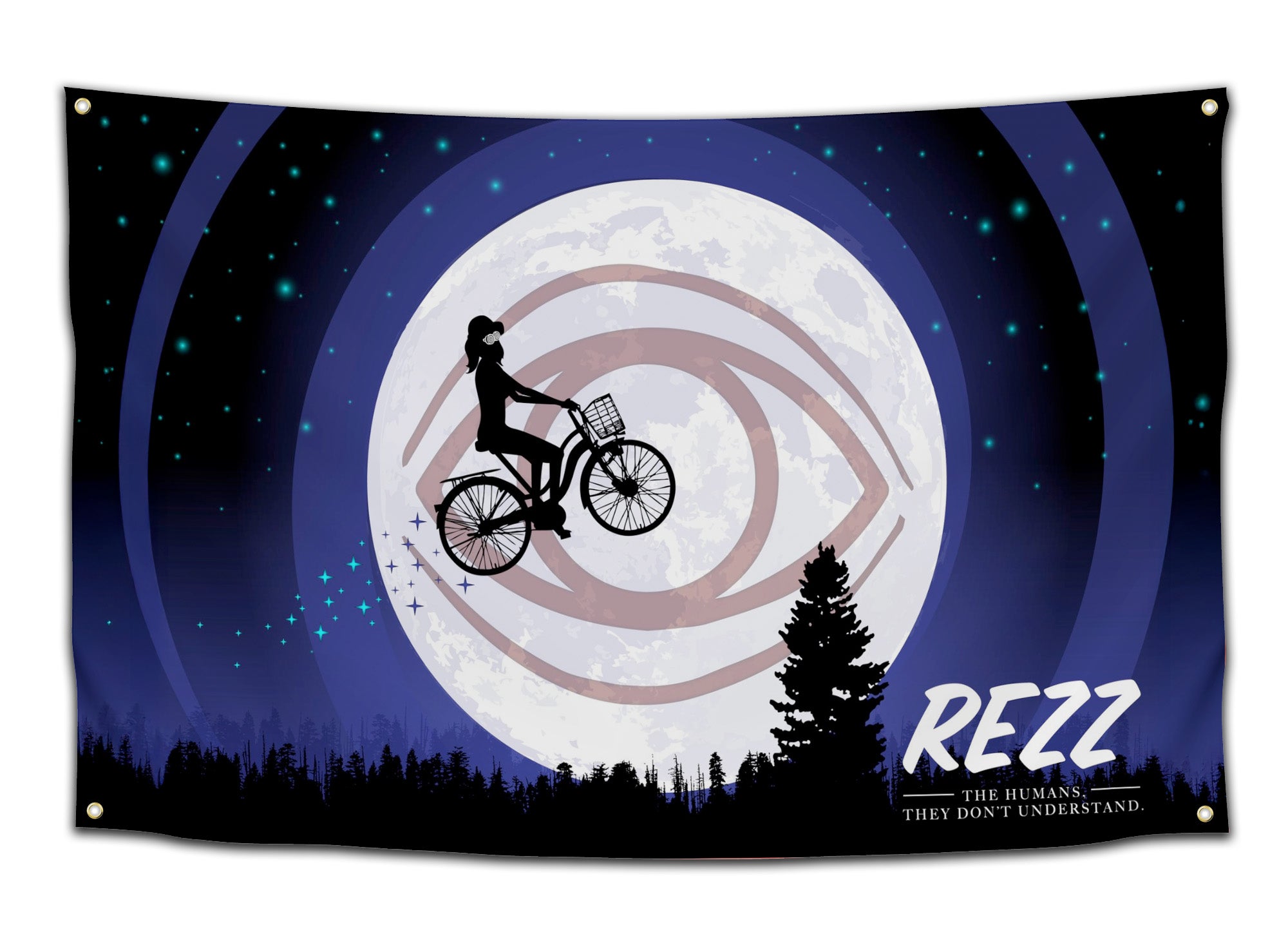 Trippy REZZ flag parodying E.T. with REZZ riding a bicycle silhouette across a glowing moon with spiral goggles and cosmic forest below, quote reads “The Humans, They Don’t Understand” — perfect dorm decor for EDM and alien believers by CollegeWares.