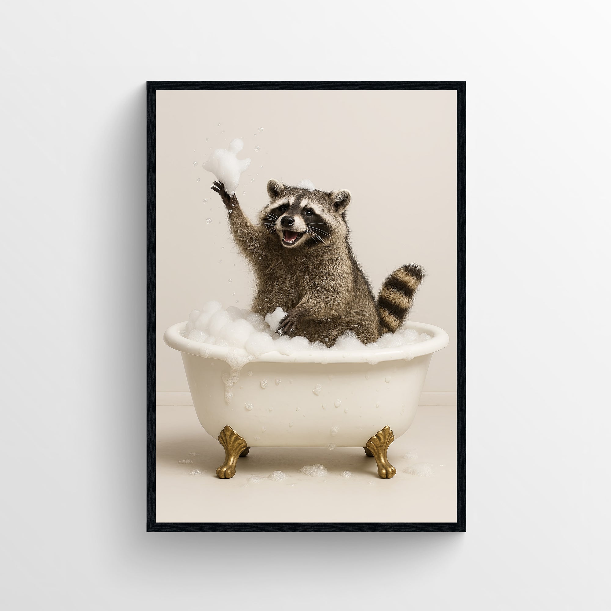 Photorealistic raccoon bathing in a white clawfoot bathtub — funny bathroom poster with minimalist modern wall art style for apartments, dorms, and guest bathrooms from CollegeWares.