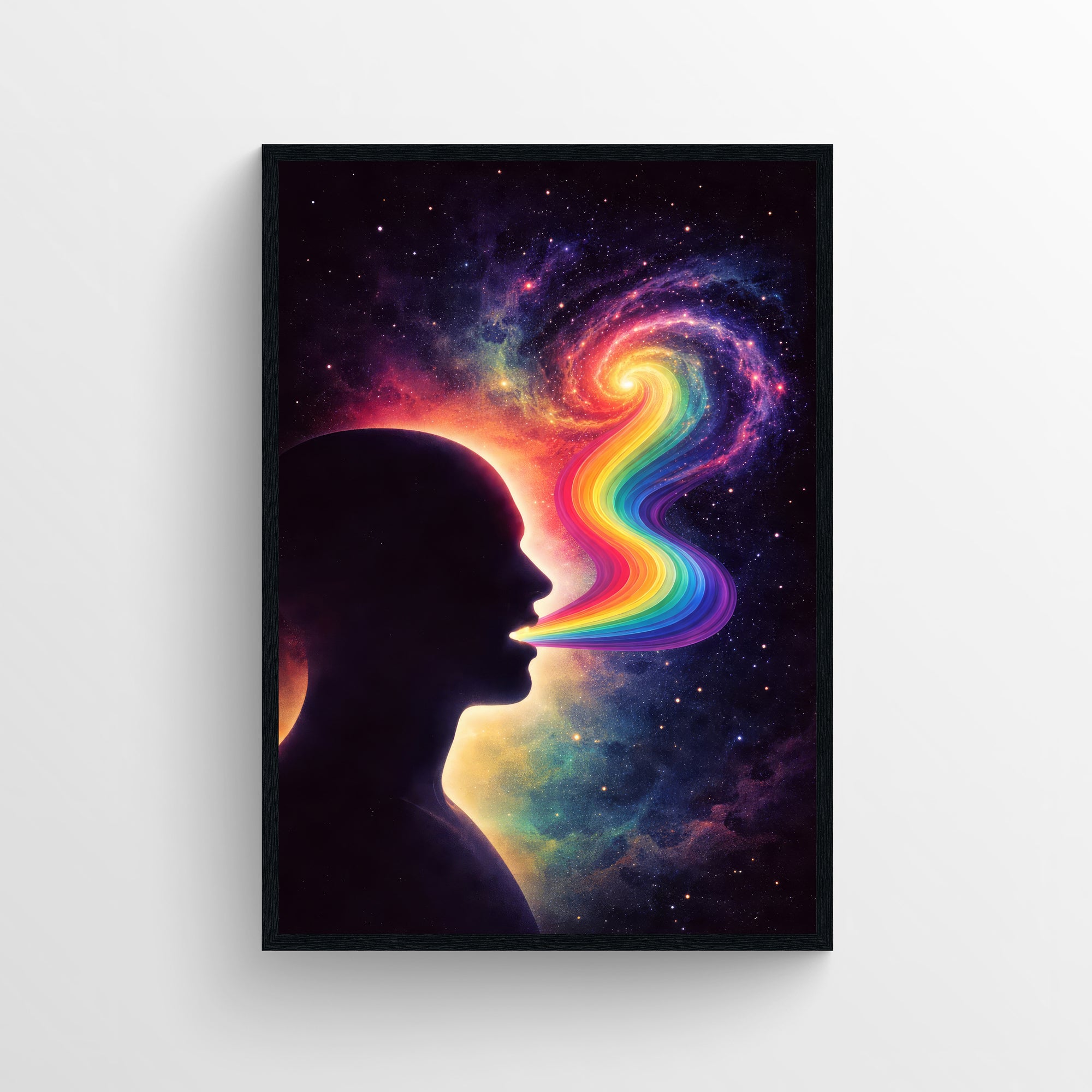 Psychedelic wall poster showing a human profile breathing out a multicolor rainbow stream that transforms into a swirling galaxy, featuring neon gradients, outer space textures, and a dreamlike, introspective visual style.