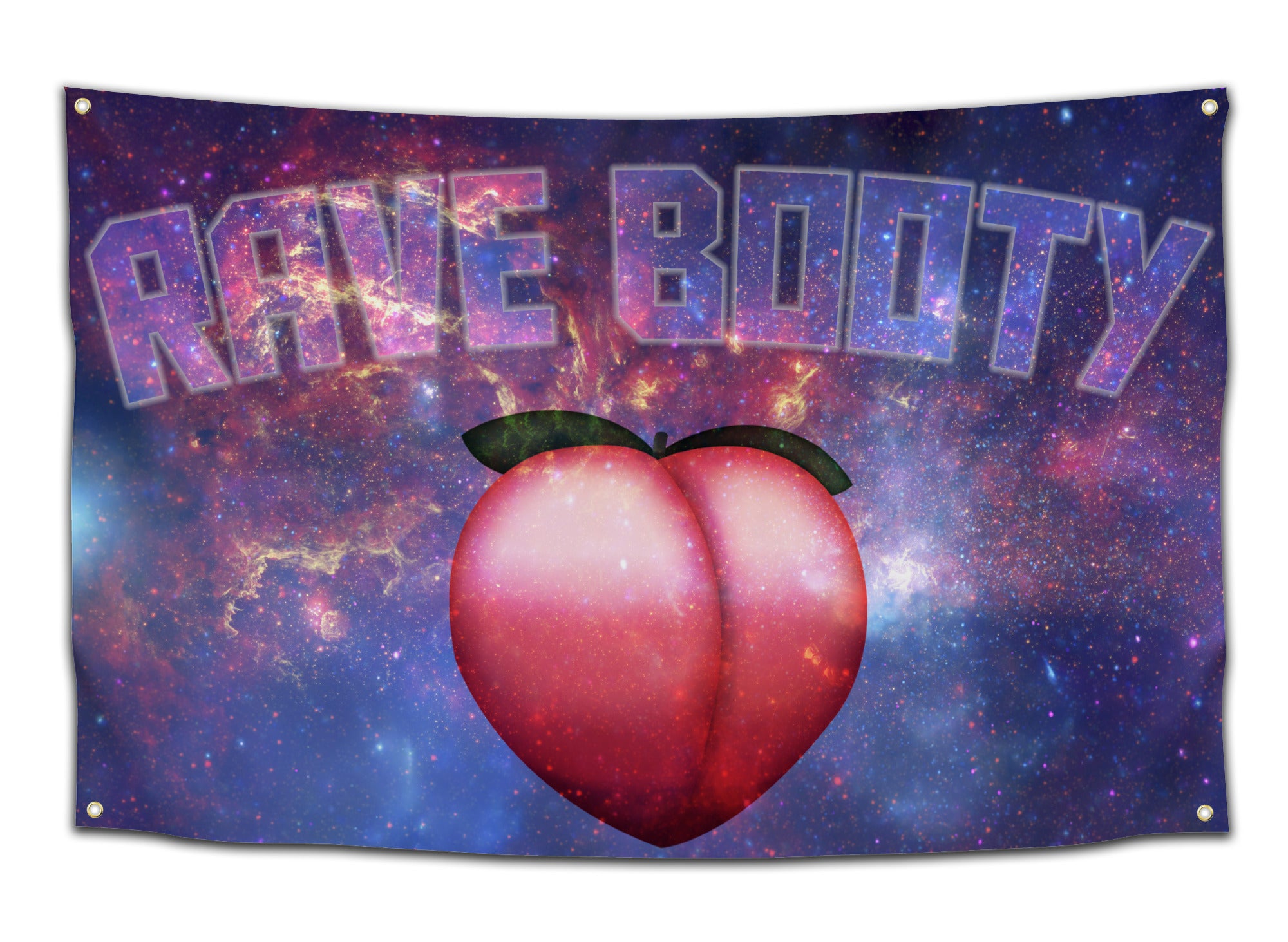 Flag featuring a large cartoon peach in a galaxy background with the words “Rave Booty” above — funny outer space rave flag from CollegeWares.