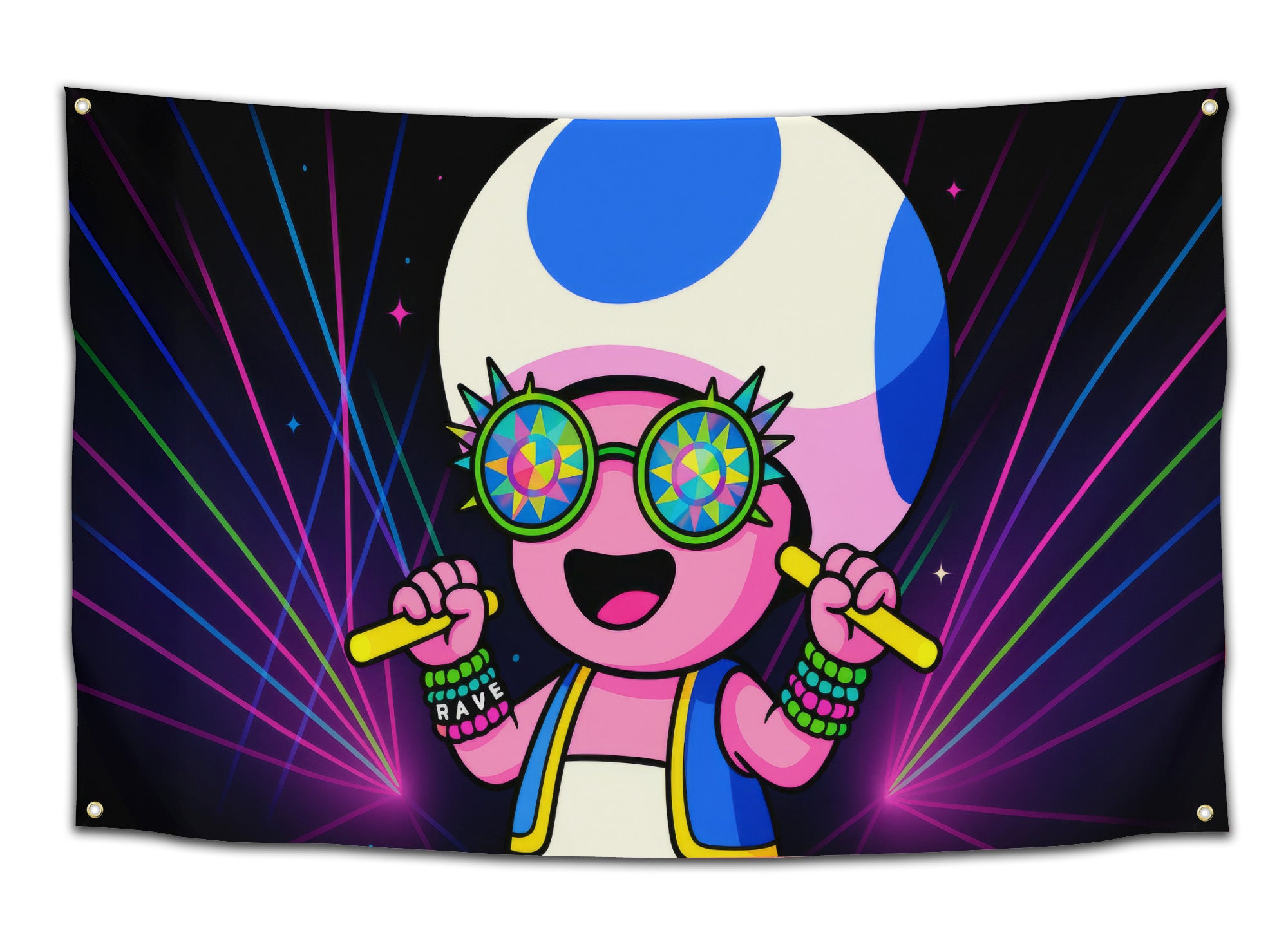 Black neon flag with a cartoon Toad wearing kaleidoscope glasses, kandi bracelets, and holding glowsticks under colorful rave lasers — funny EDM and festival flag from CollegeWares.