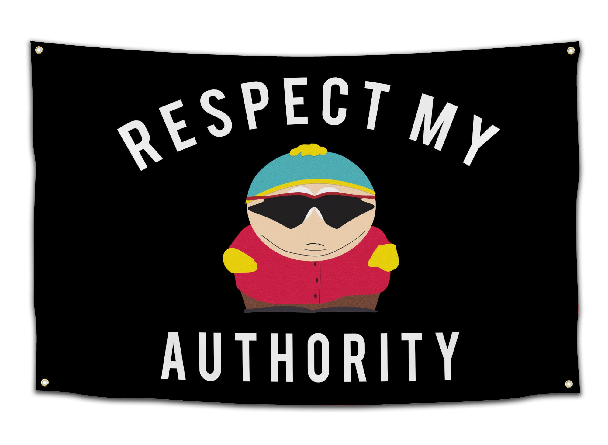 Funny black flag with bold white text that says “Respect My Authority” above a cartoon parody cop in sunglasses — hilarious dorm wall flag for meme lovers and college partiers from CollegeWares.