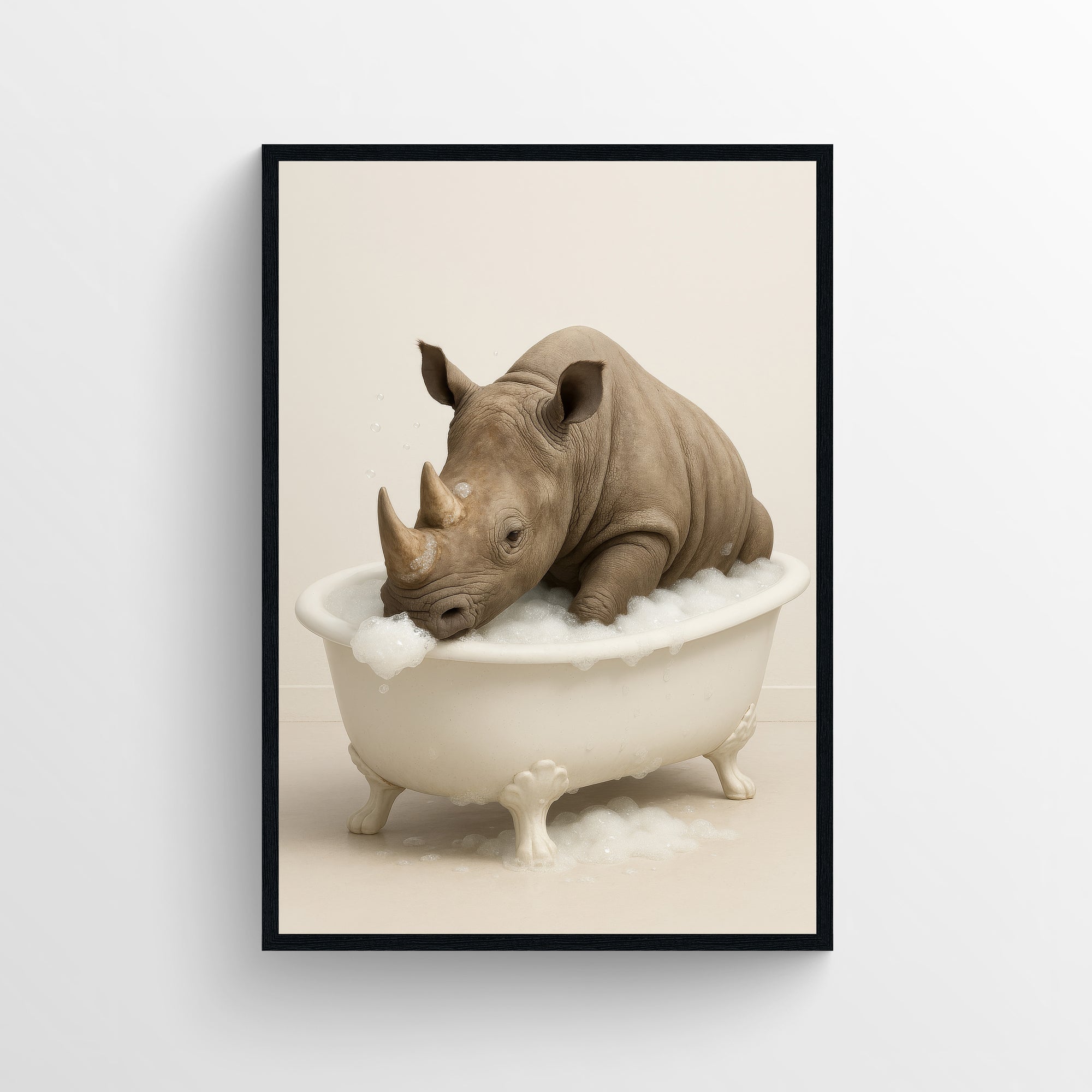 Photorealistic rhinoceros relaxing in a clawfoot bathtub — funny bathroom poster with clean minimalist style for apartments, dorms, and guest bathrooms, modern animal wall art from CollegeWares.