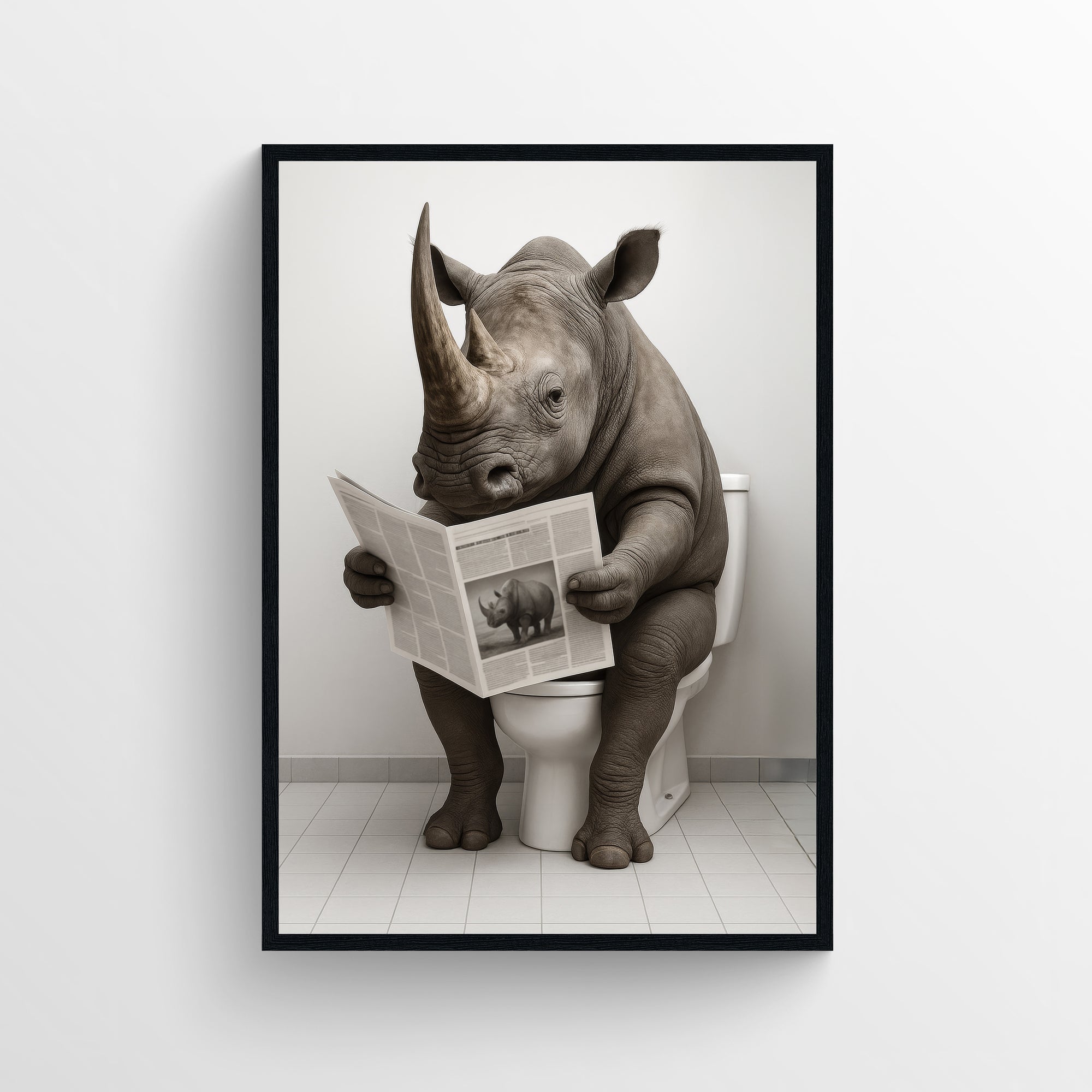 Photorealistic rhinoceros sitting on a toilet reading a newspaper — funny bathroom poster with clean minimalist style for apartments, dorms, and guest bathrooms, modern animal wall print from CollegeWares.