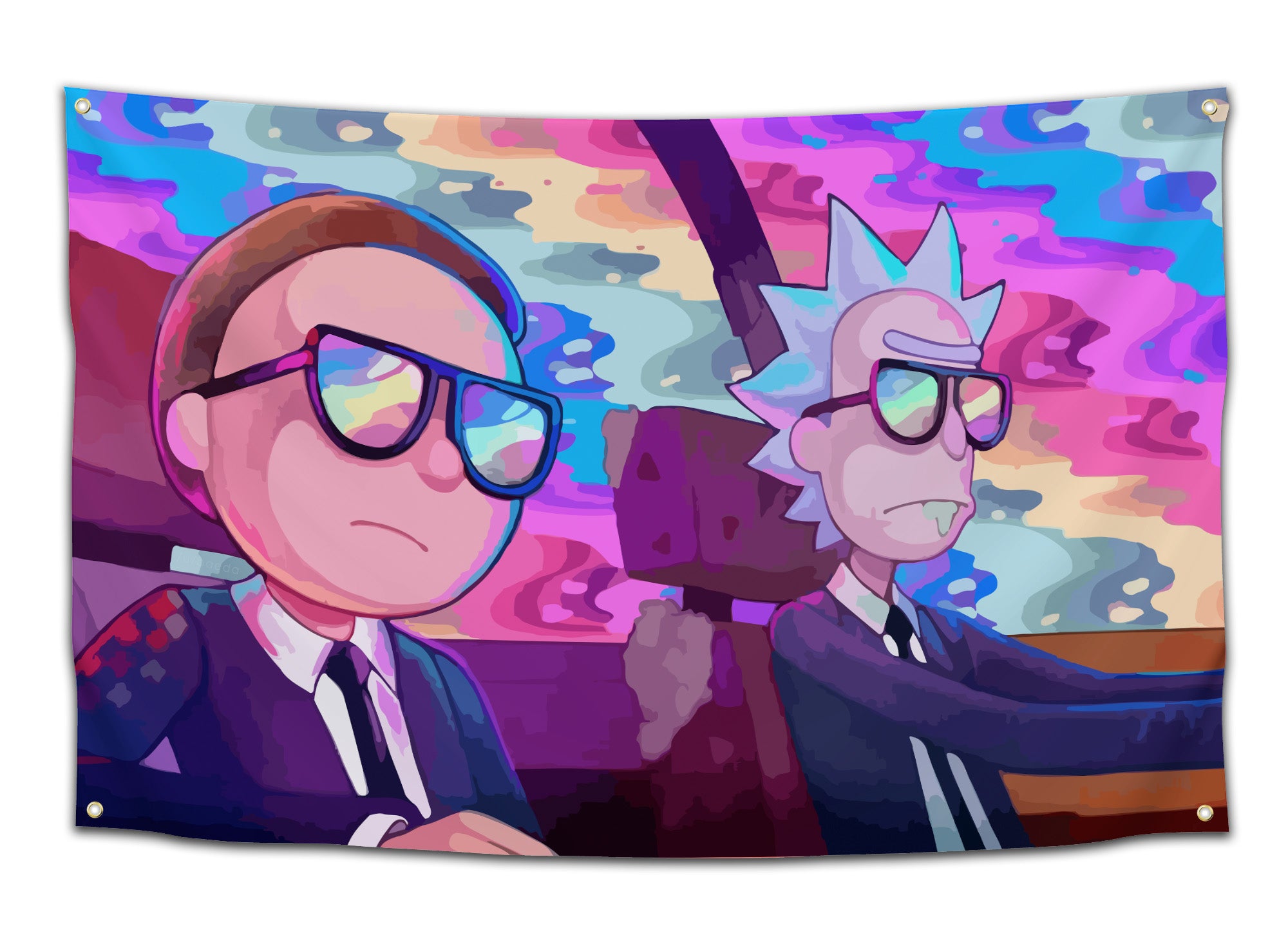 Colorful flag with a psychedelic cartoon of Rick and Morty wearing suits and sunglasses driving through a neon swirl sky — trippy dorm wall flag from CollegeWares.