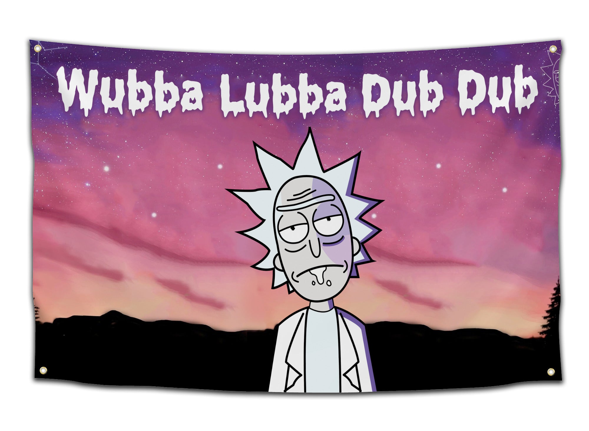 Flag featuring Rick Sanchez wearing a “3” hat in a parody of Chance the Rapper’s album cover against a pink sky — funny rapper crossover flag from CollegeWares.
