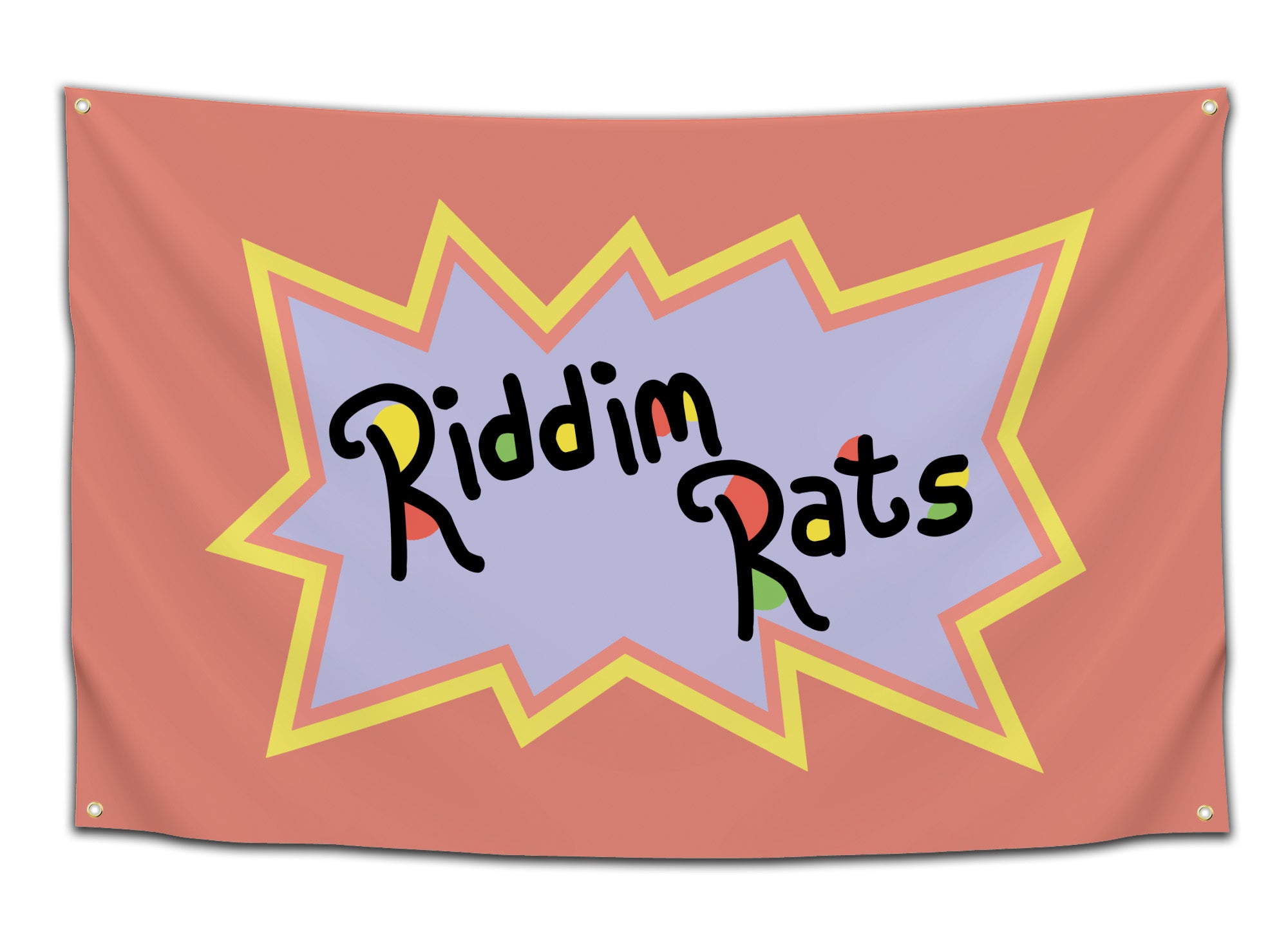 Flag design parodying Rugrats logo with “Riddim Rats” in bold black font outlined with red, yellow, and green accents, placed on a jagged purple splash with yellow border — EDM bass music dorm flag from CollegeWares.
