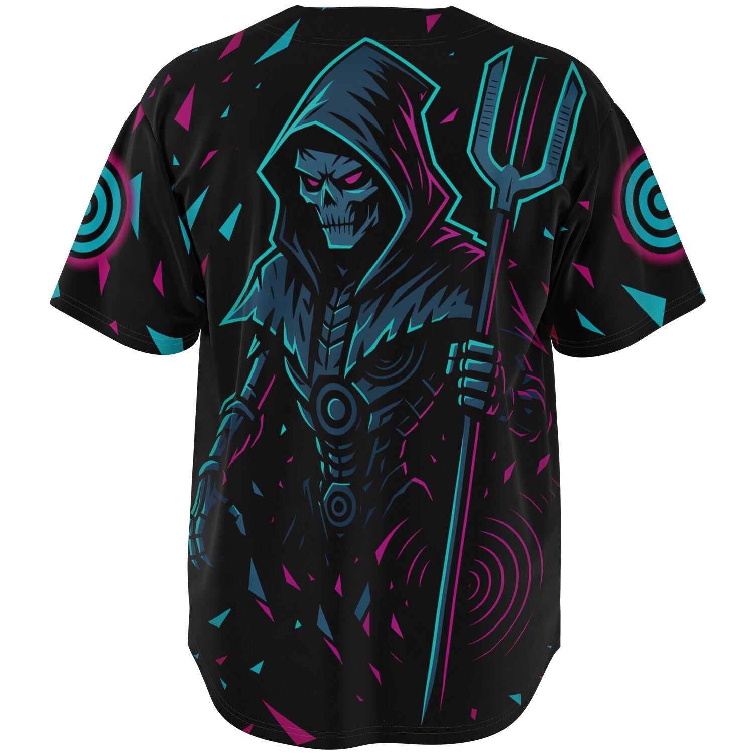 3D render of the Riddim Reaper jersey back showing the hooded skeleton with a glowing trident centered against cyan and magenta shards spreading across the black fabric.