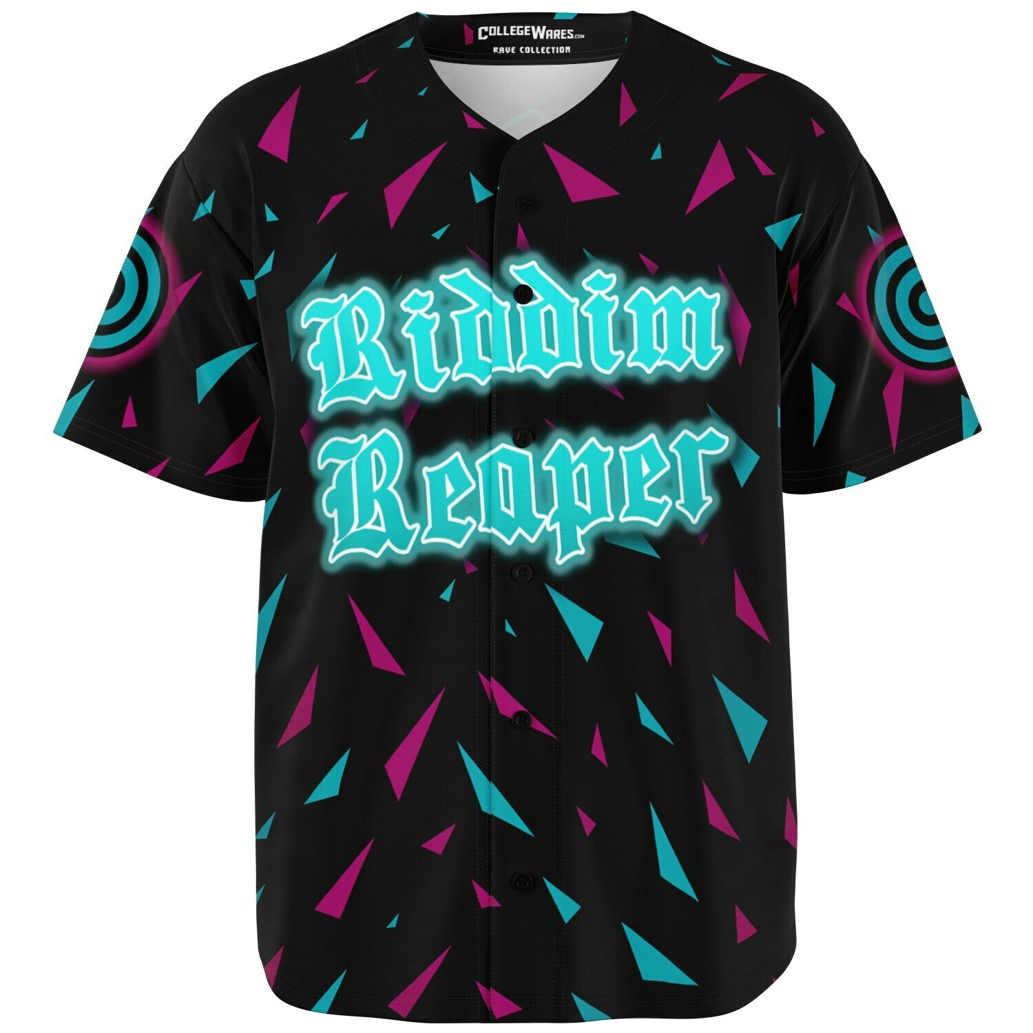 3D render of the jersey front with white piping, neon shard gradients across the shoulders, and a small trident emblem positioned on the left chest.