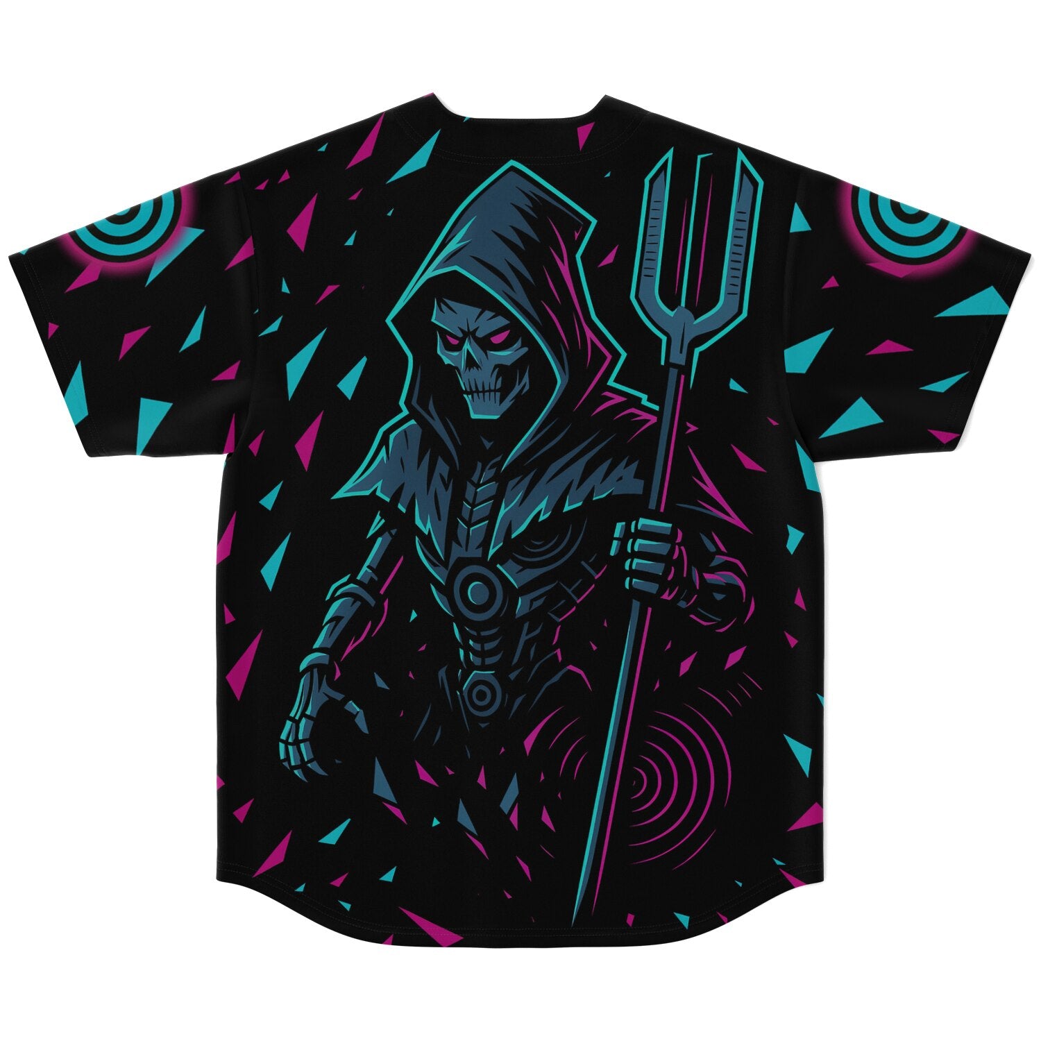 Flat back product image of the Riddim Reaper jersey showing the full skeleton reaper graphic with a glowing trident and cyan-magenta shard gradients across the upper panel and sleeves.