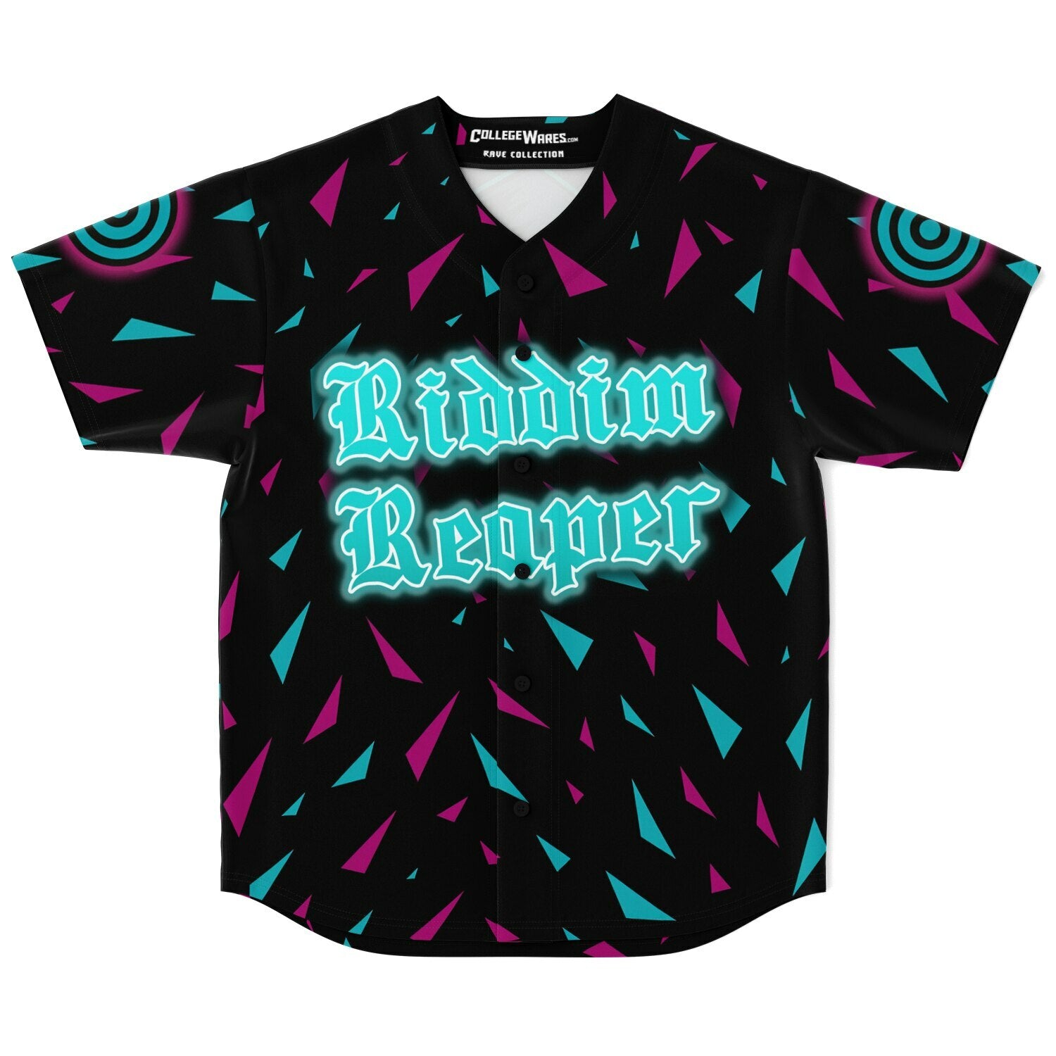 Flat front product image of the black baseball jersey featuring white piping, a left-chest trident emblem, and cyan-magenta shard gradients across the shoulder panels.