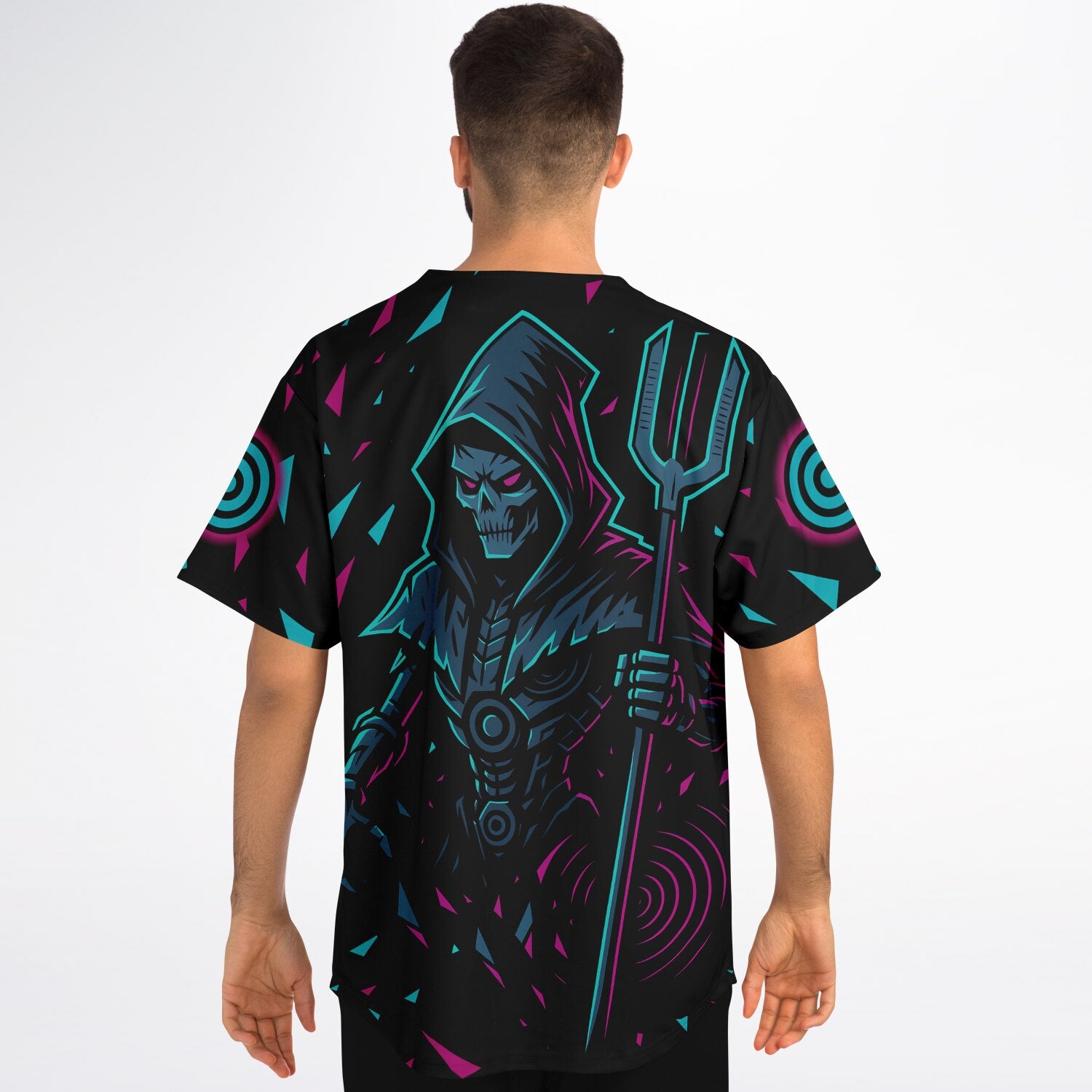 Man facing away in a black baseball jersey displaying the neon cyan and magenta Riddim Reaper graphic centered on the back with shard-like gradients extending across the shoulders and sleeves.