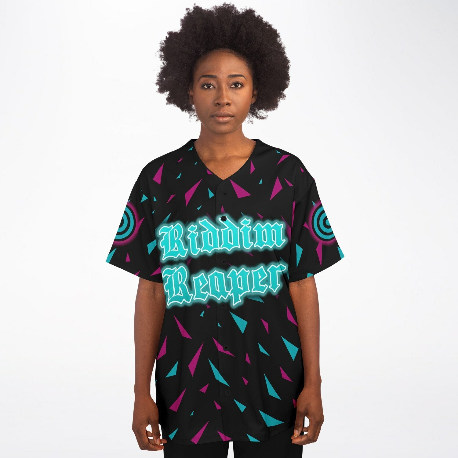 Front-facing woman in a black baseball jersey showing neon cyan and magenta shard gradients across the shoulders and a small trident emblem on the left chest above the buttons.