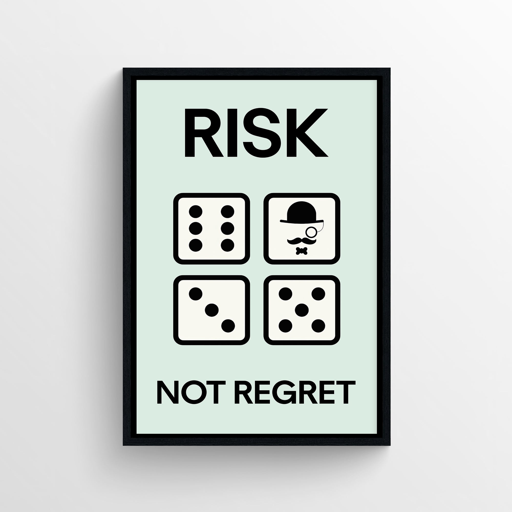 Minimalist motivational poster with bold “Risk Not Regret” text and a clean dice grid featuring one character icon — modern aesthetic wall decor for dorms, offices, and creative workspaces by CollegeWares.