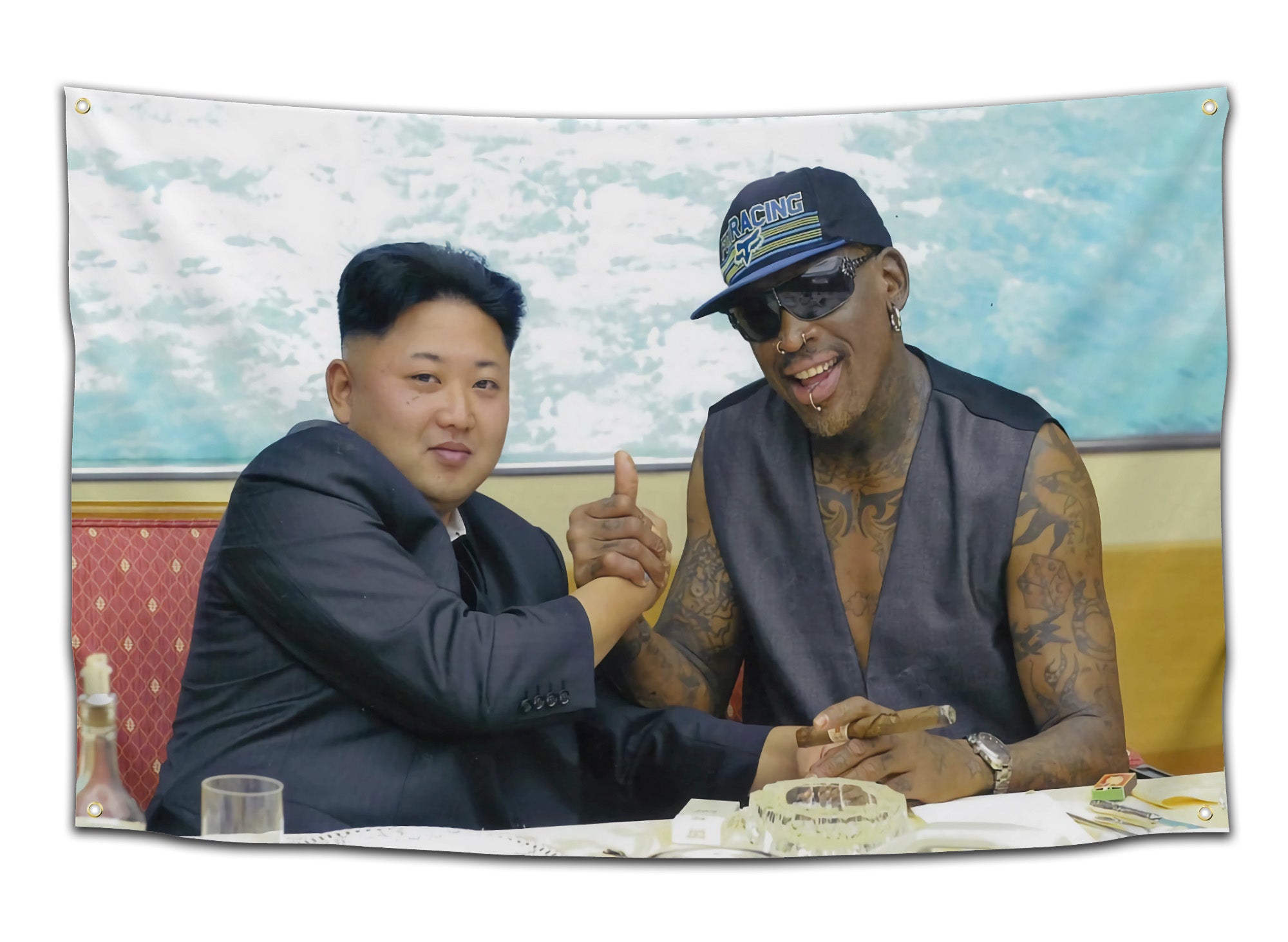 Funny dorm flag showing Dennis Rodman and Kim Jong Un arm wrestling across a table with cigars, cake, and chaotic energy — wild meme banner for frat houses or party rooms by CollegeWares.